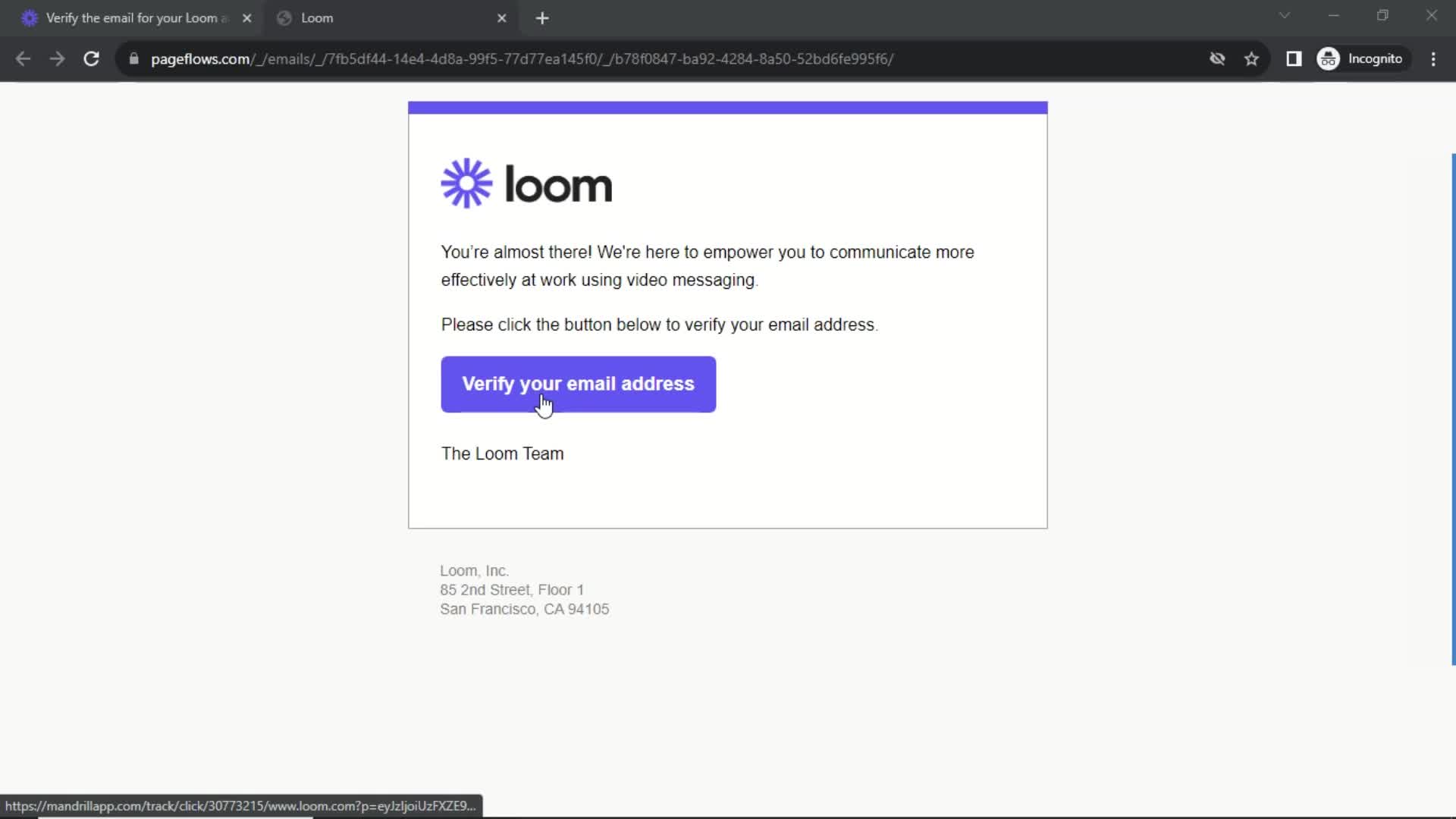 Screenshot of Verify email on Onboarding on Loom user flow