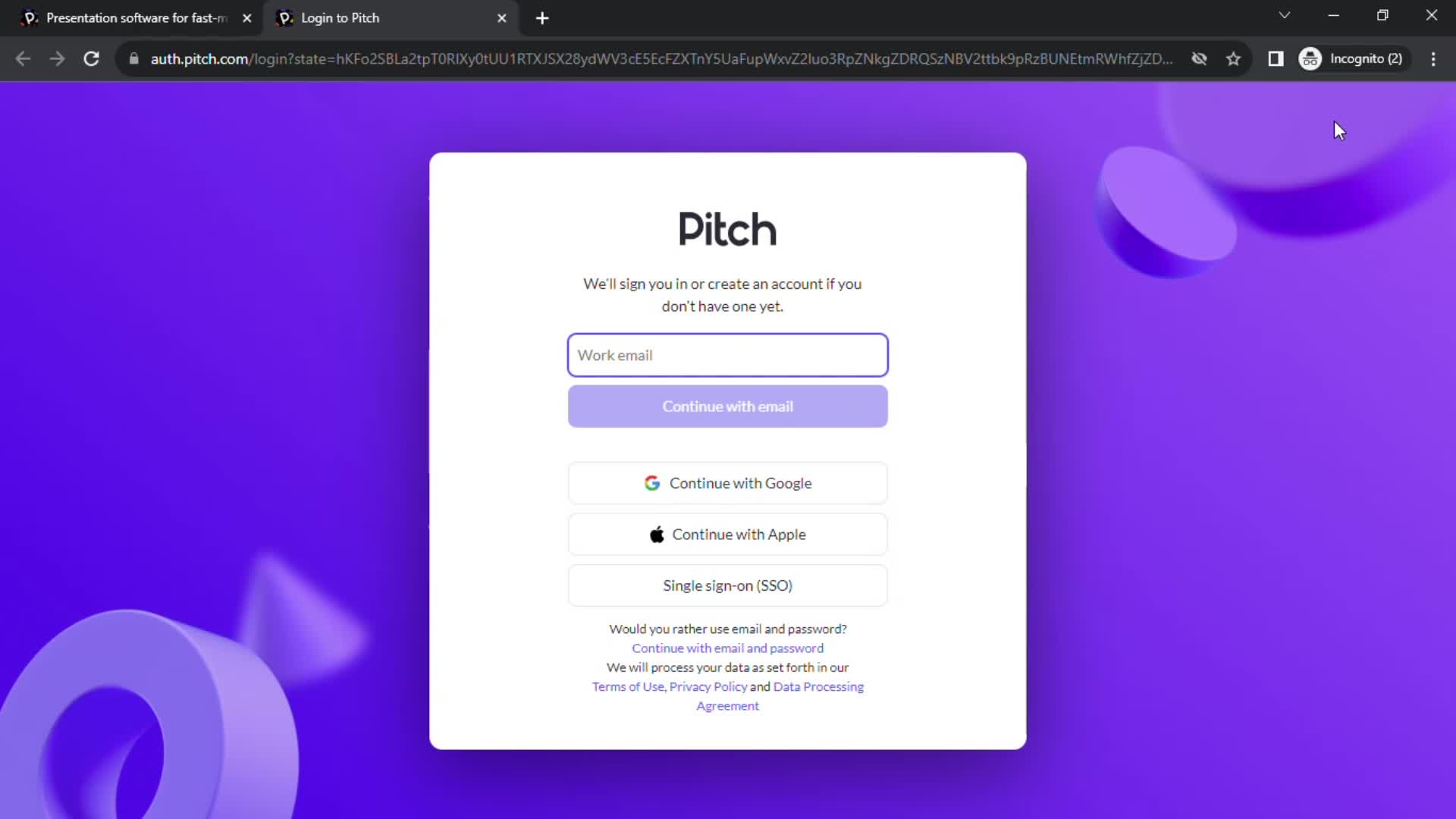 Screenshot of Sign up on Onboarding on Pitch user flow
