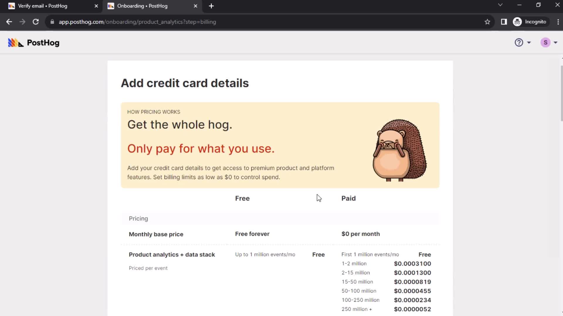 PostHog add payment details screenshot