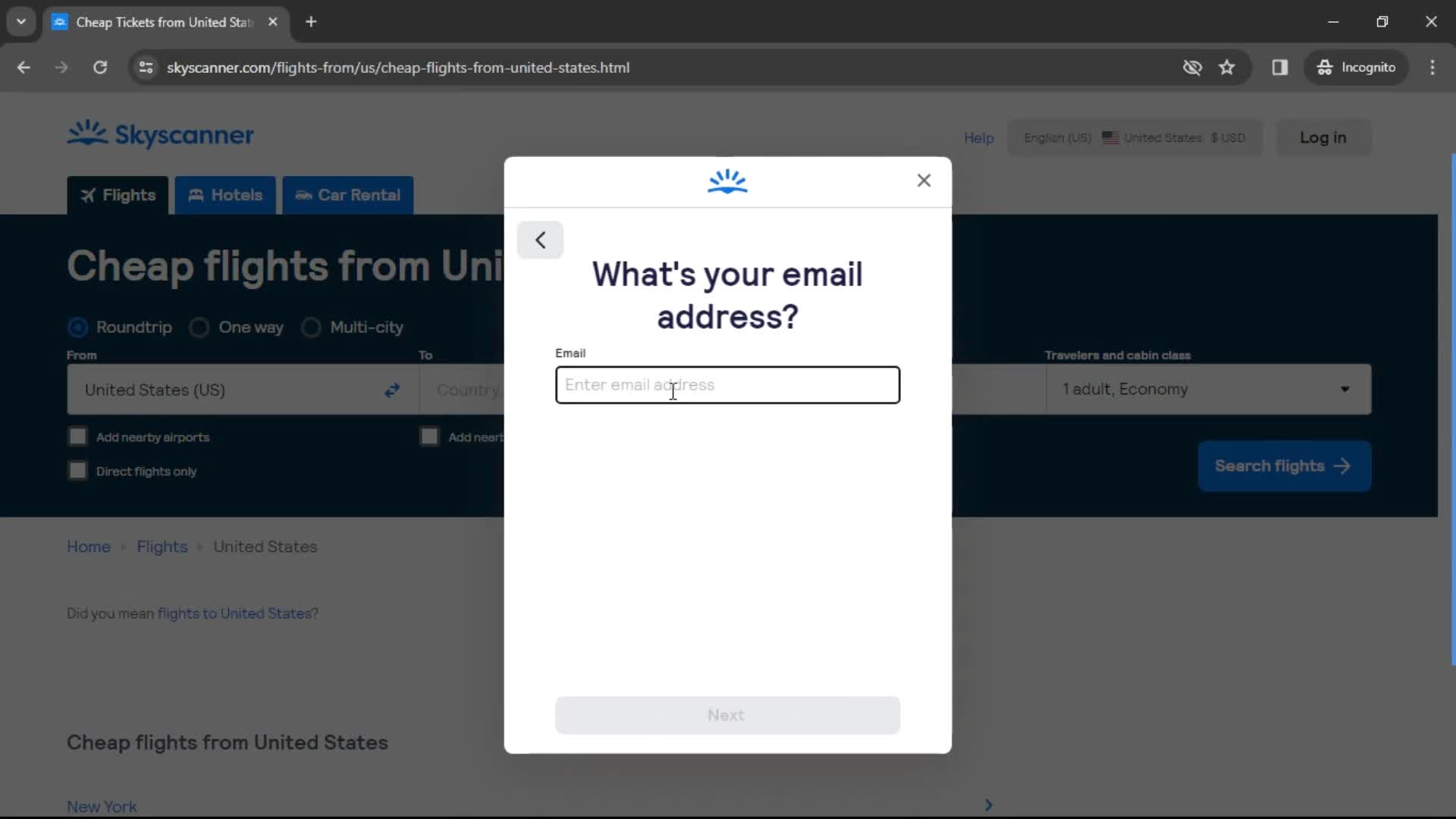 Skyscanner enter email screenshot
