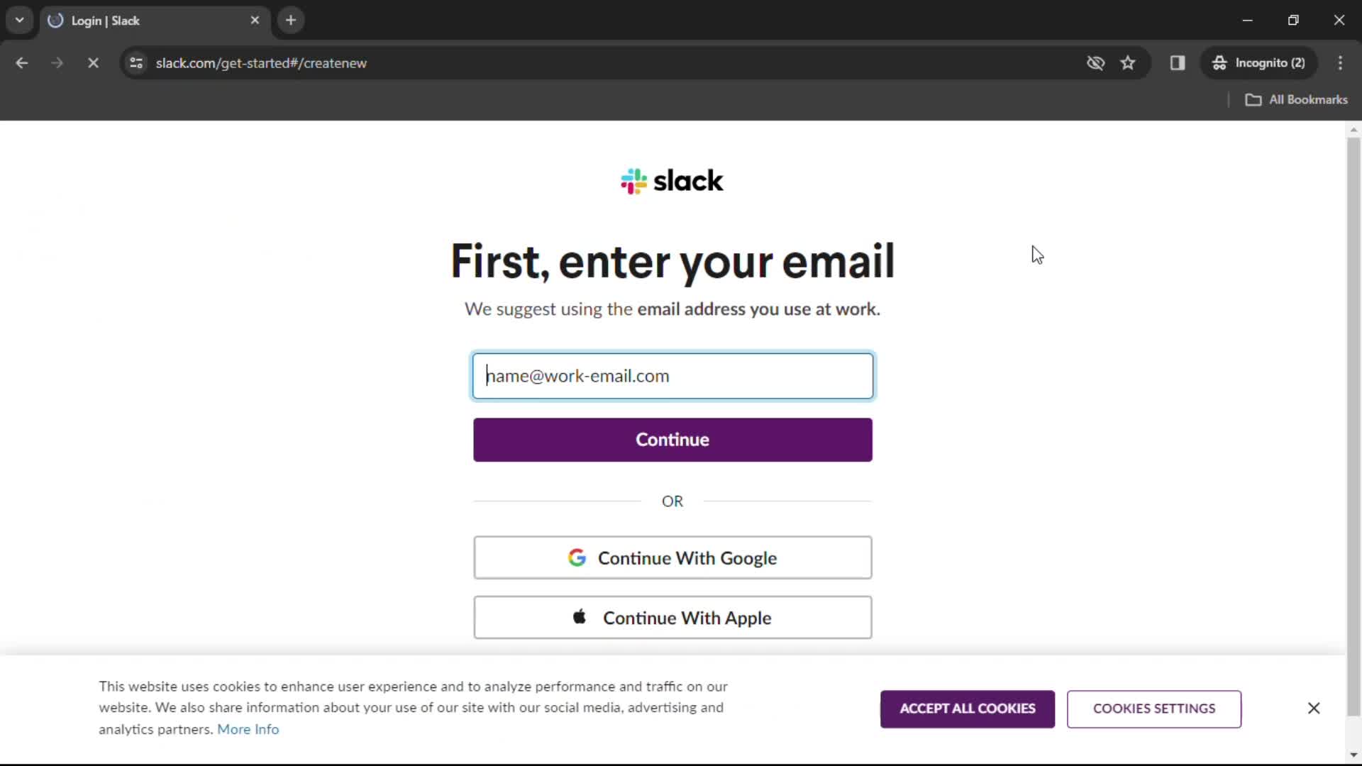 Slack enter email screenshot