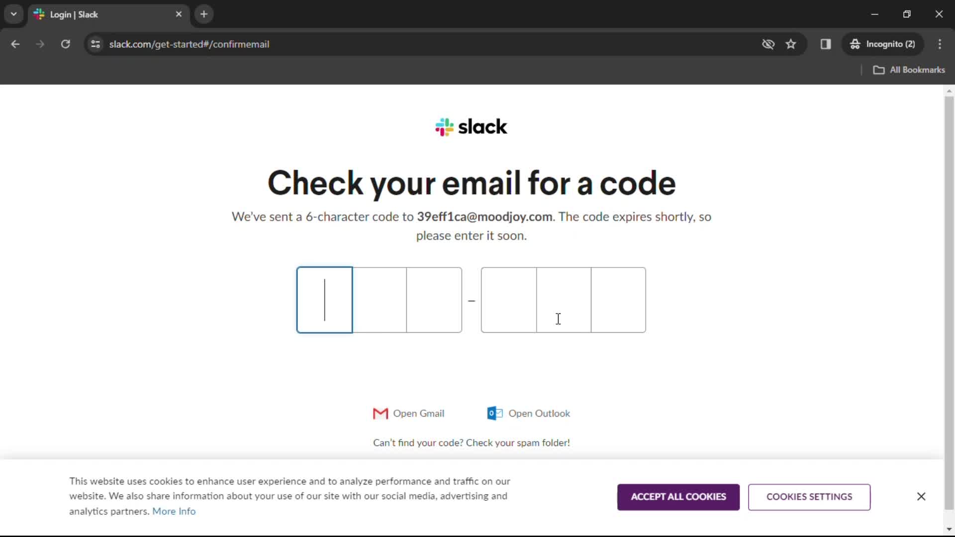 Slack enter code screenshot