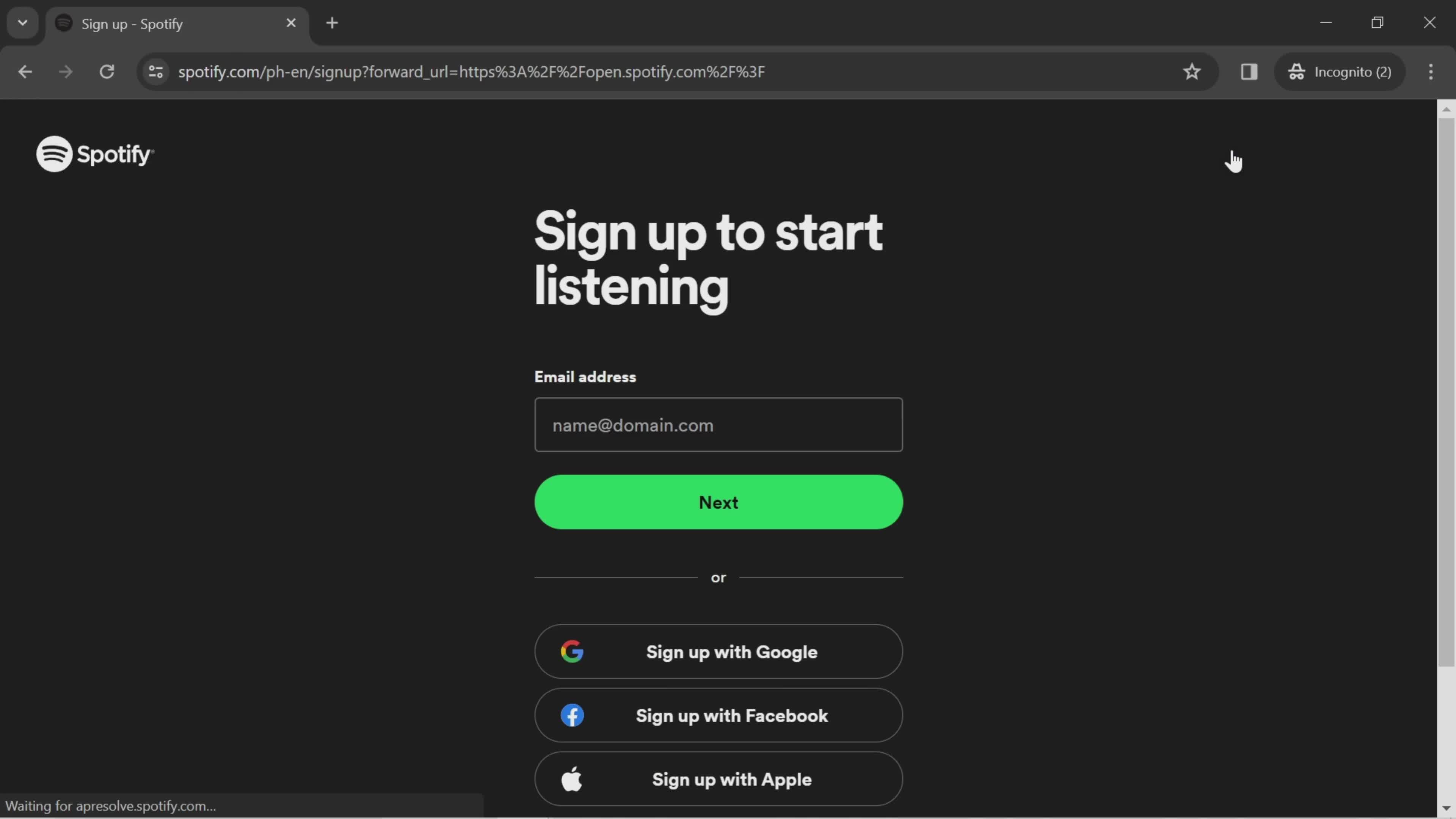 Spotify sign up screenshot