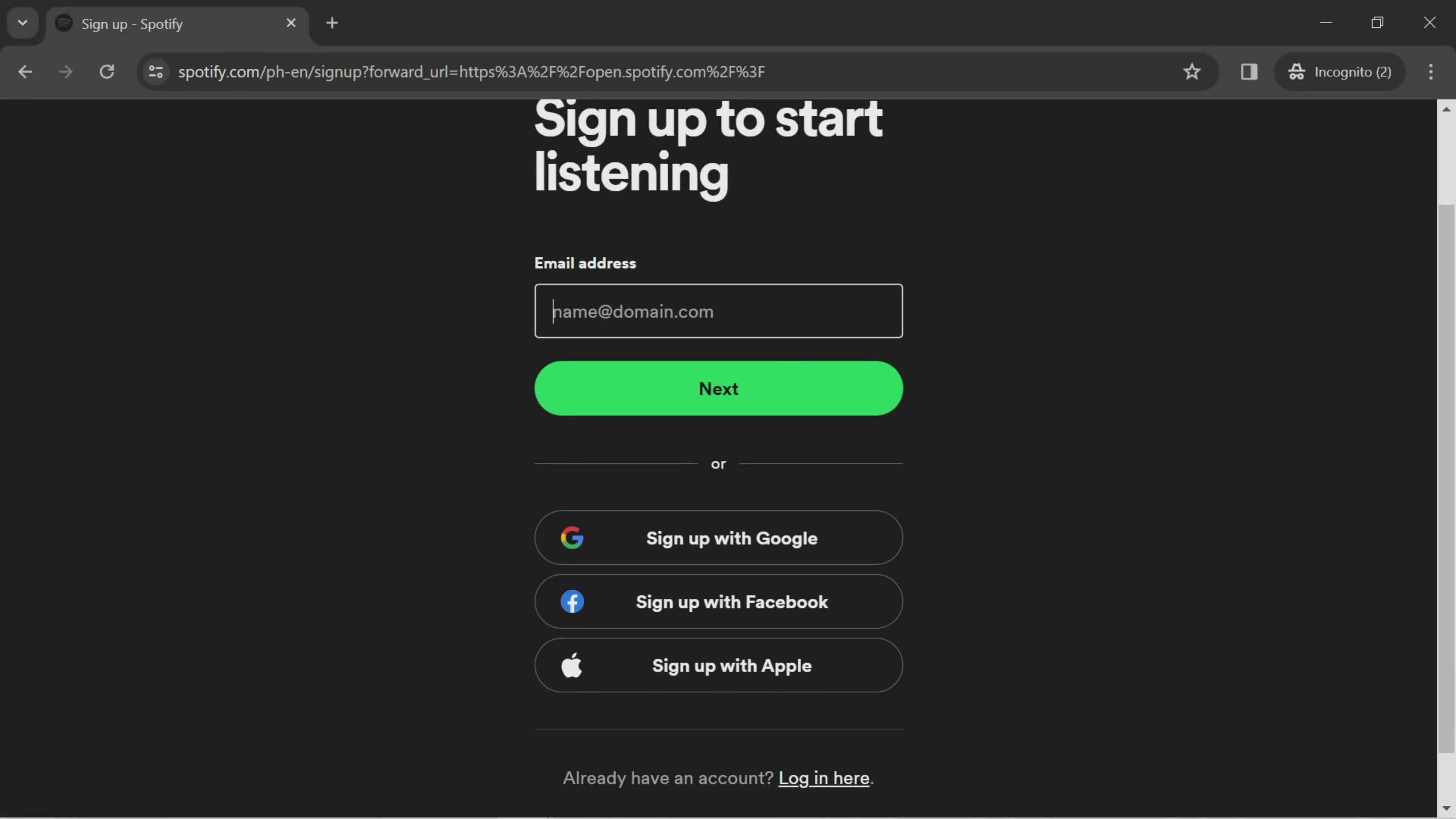 Spotify enter email screenshot