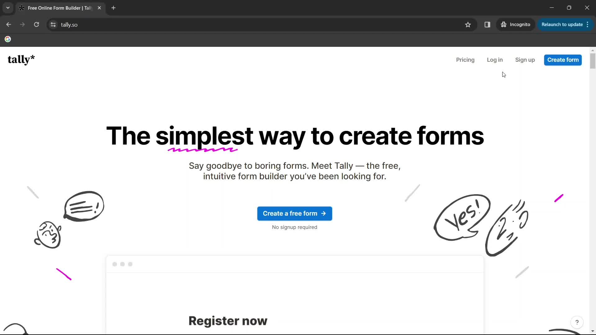 Screenshot of Homepage on Onboarding on Tally user flow