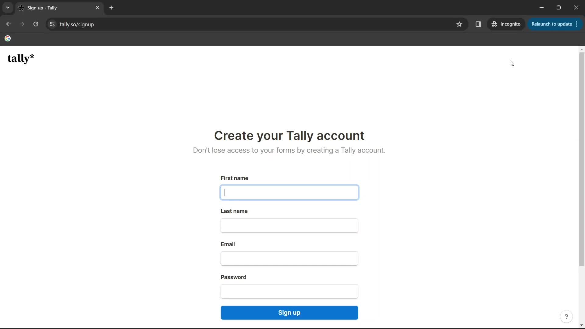 Screenshot of Sign up on Onboarding on Tally user flow