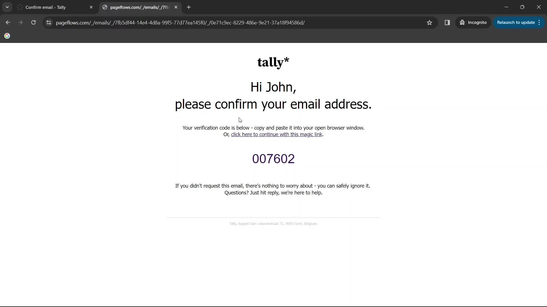 Tally verify email screenshot