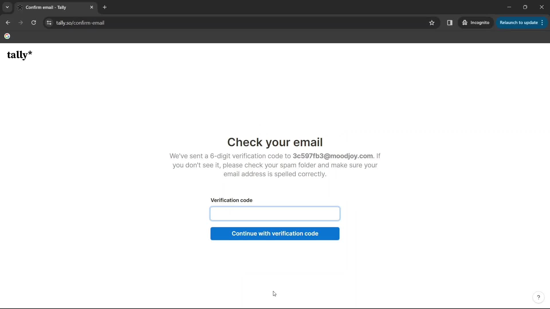 Screenshot of Check your inbox on Onboarding on Tally user flow