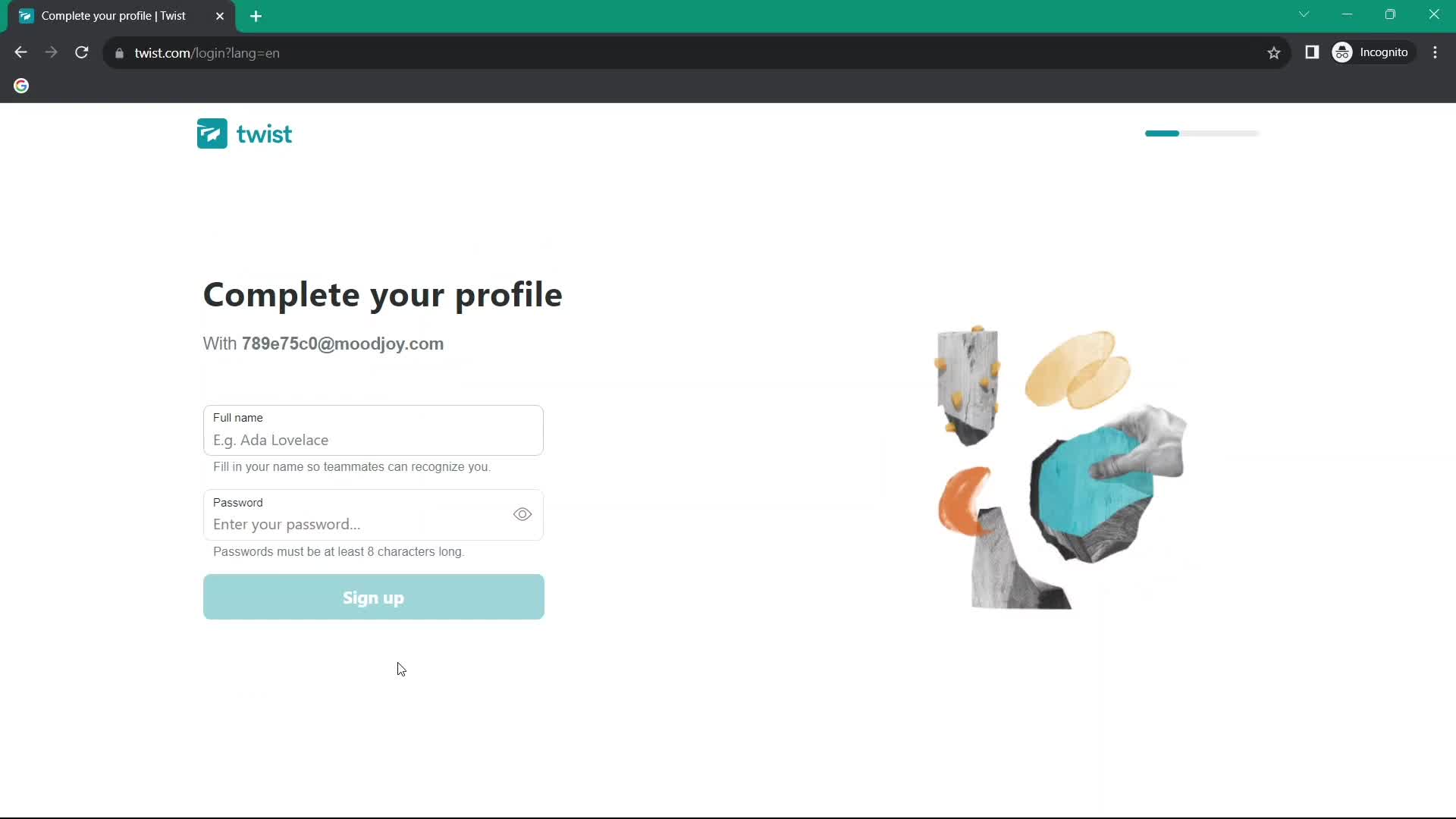 Screenshot of Complete profile on Onboarding on Twist user flow