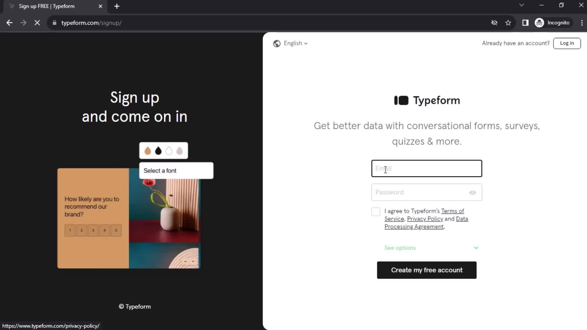 Typeform enter email screenshot