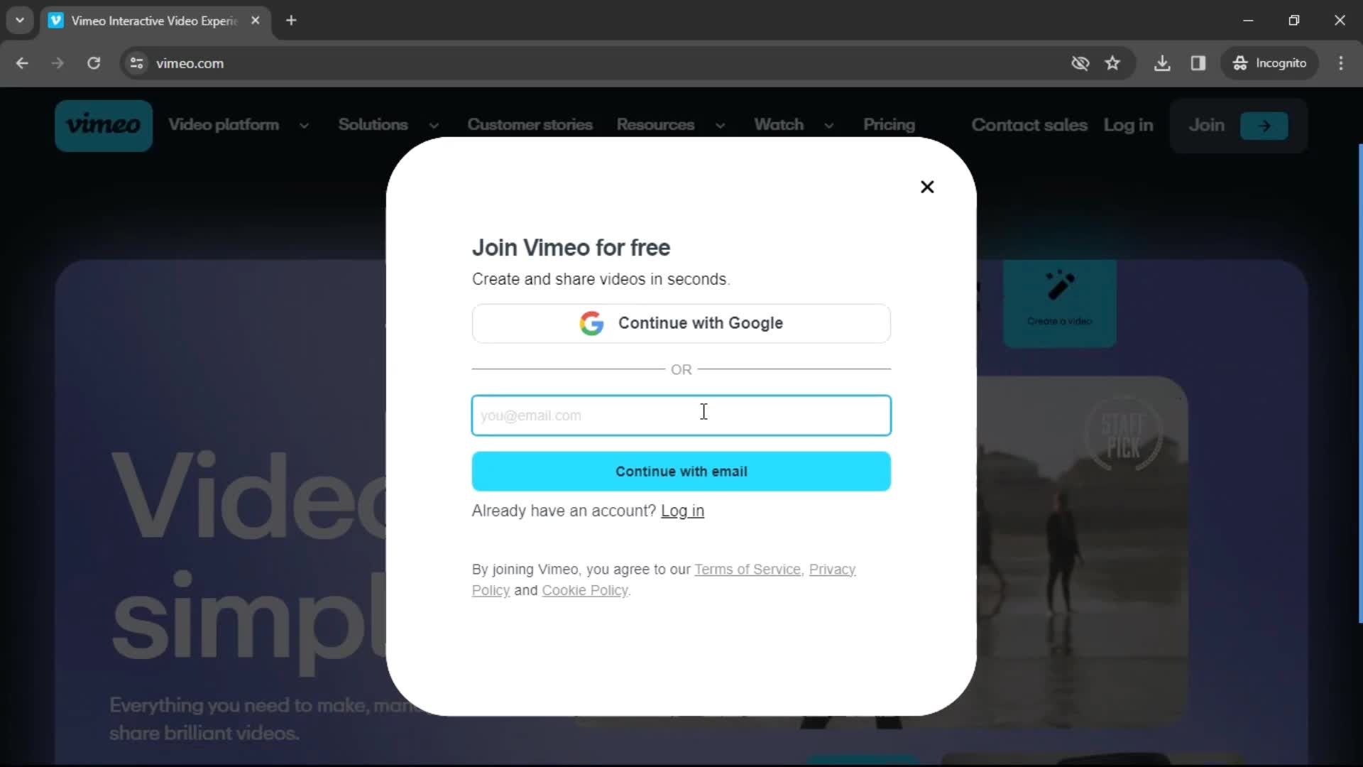 Screenshot of Enter email on Onboarding on Vimeo user flow