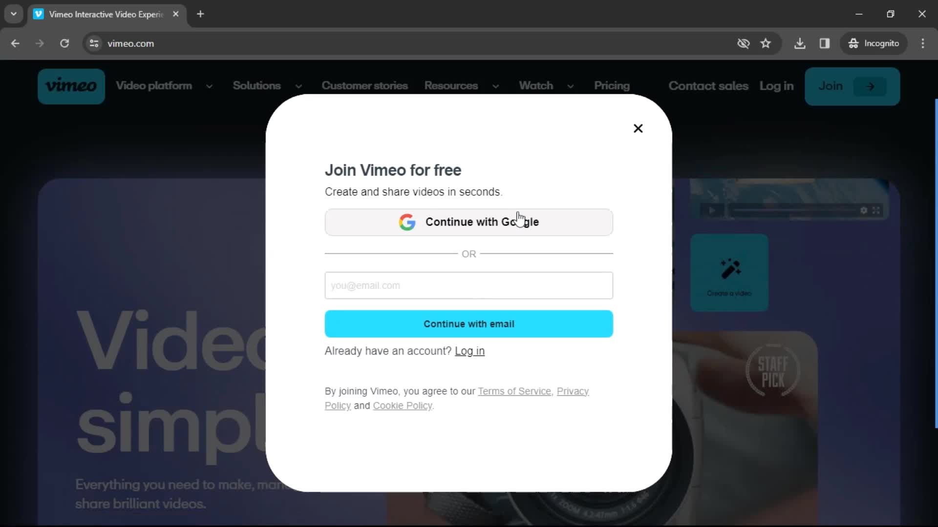 Screenshot of Sign up on Onboarding on Vimeo user flow