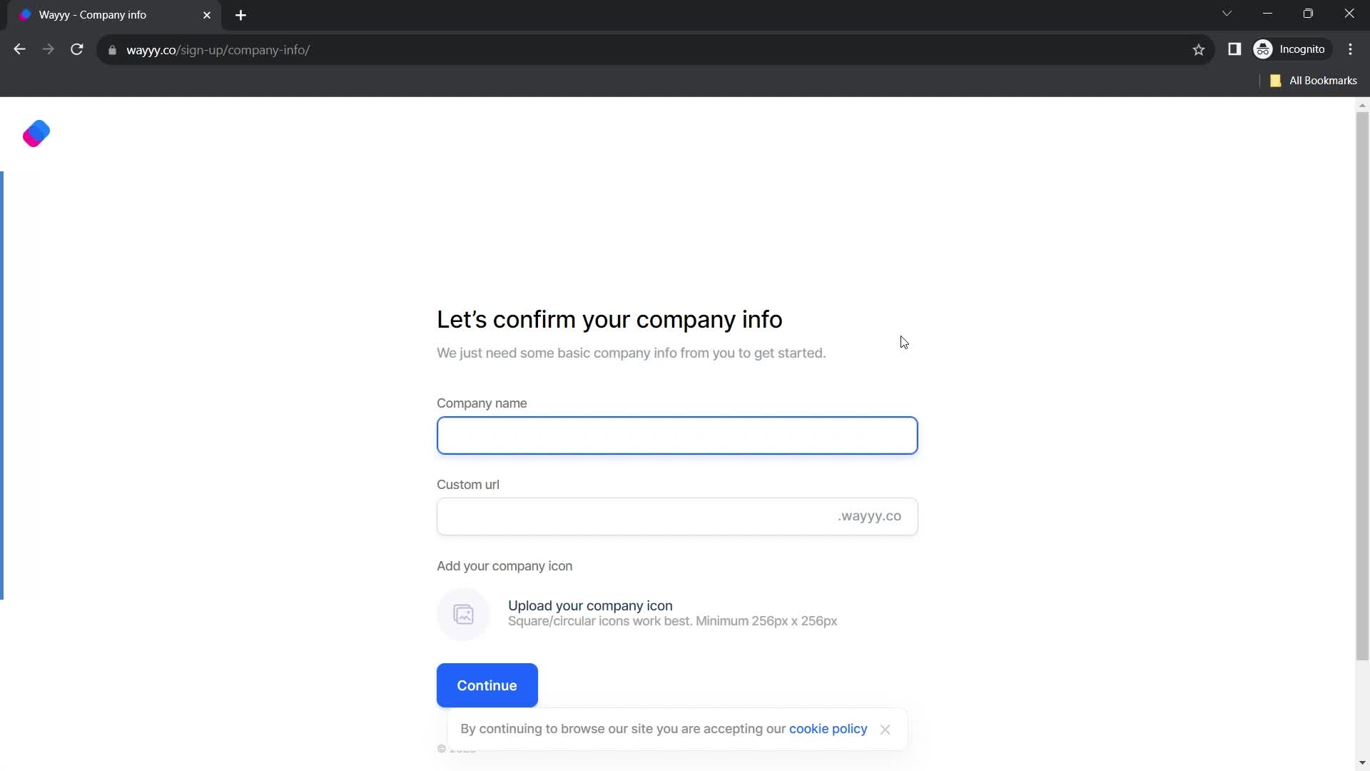 Screenshot of Tell us about your business on Onboarding on Wayyy user flow