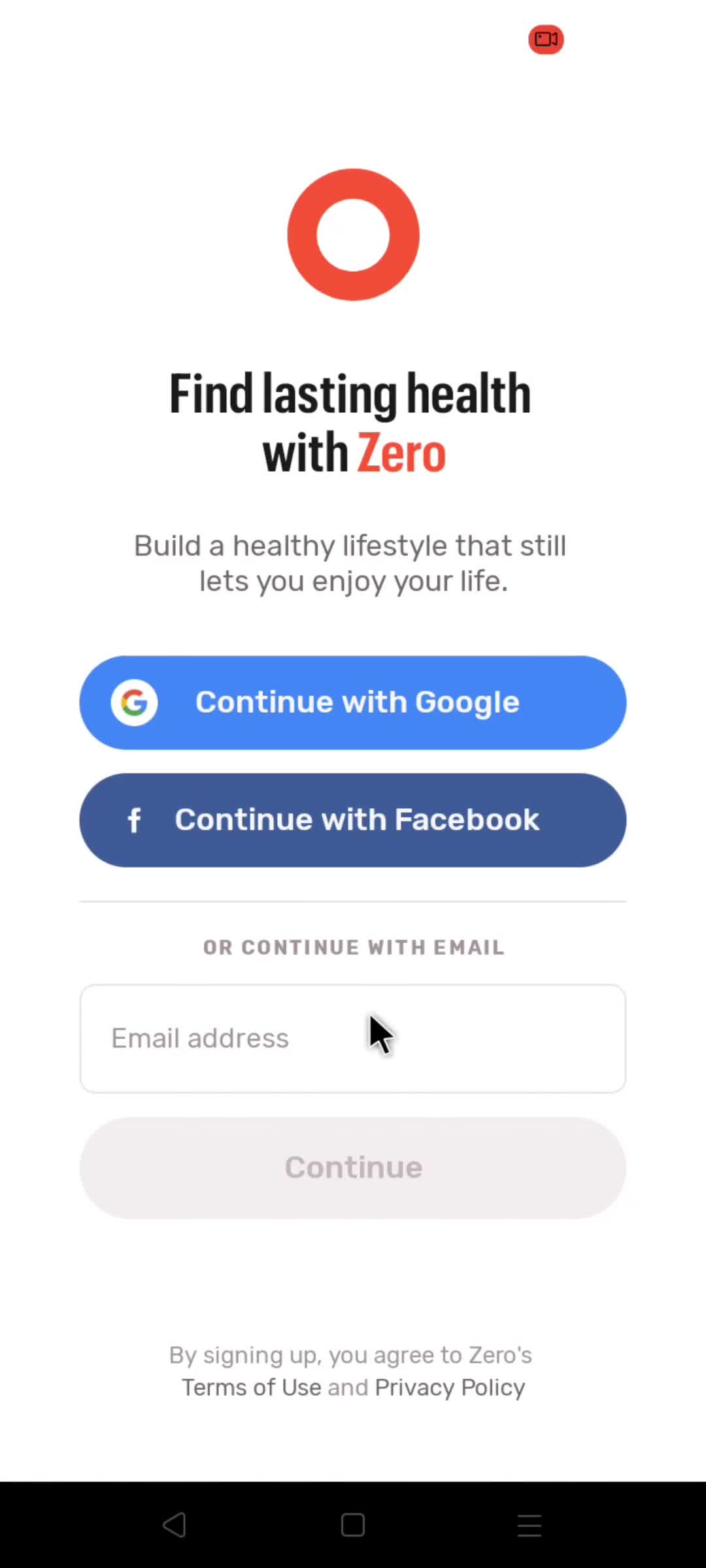 Zero sign up screenshot