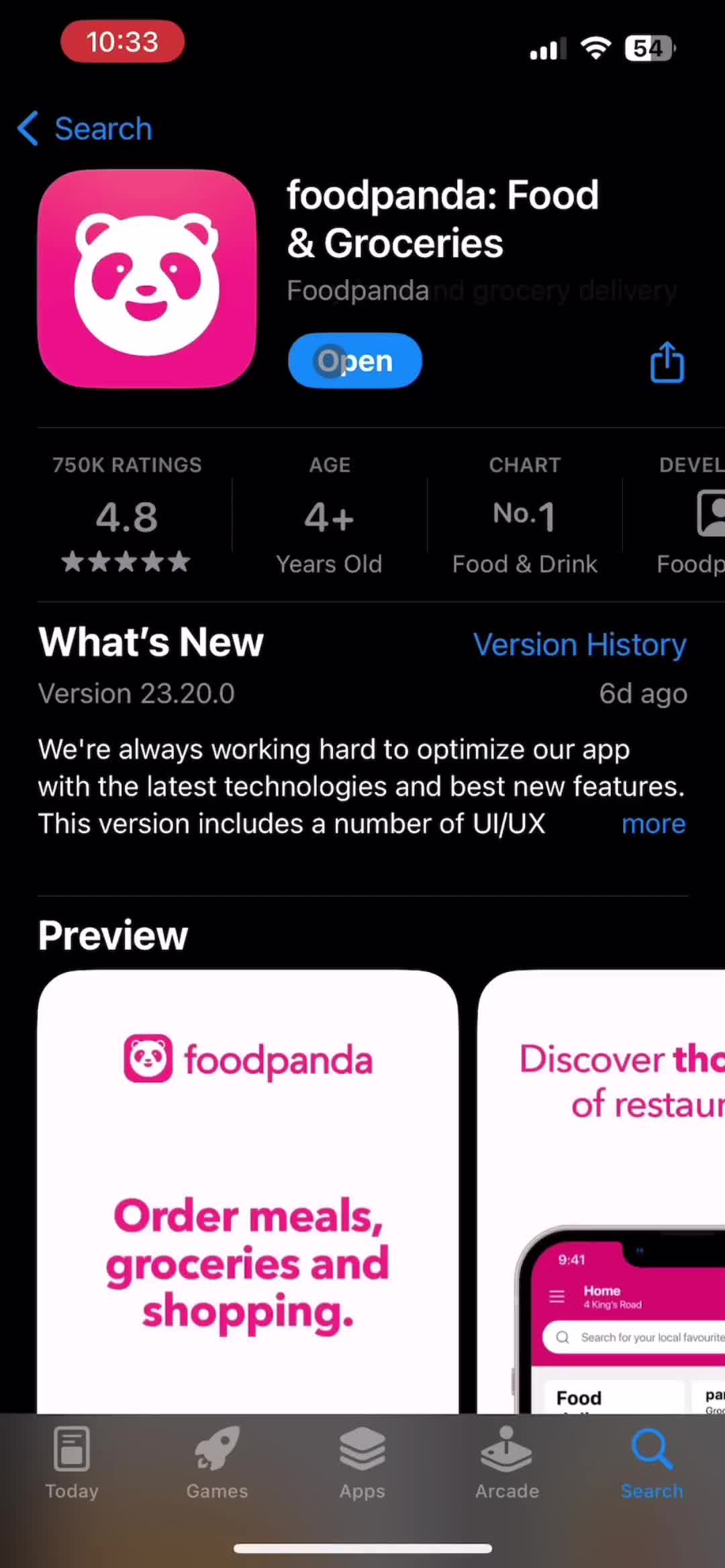 Screenshot of App store listing on Onboarding on foodpanda user flow