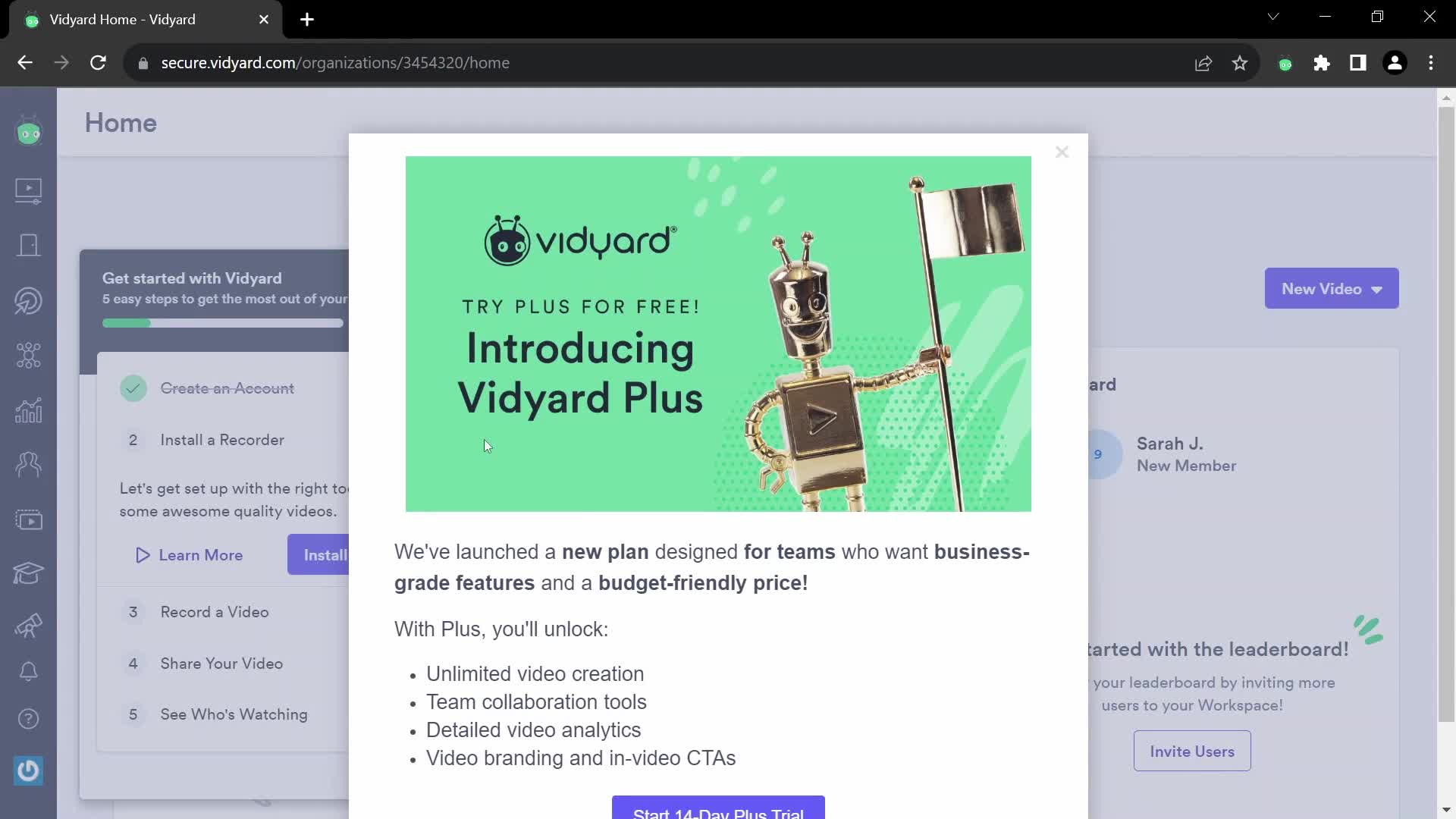 Vidyard upgrade prompt screenshot