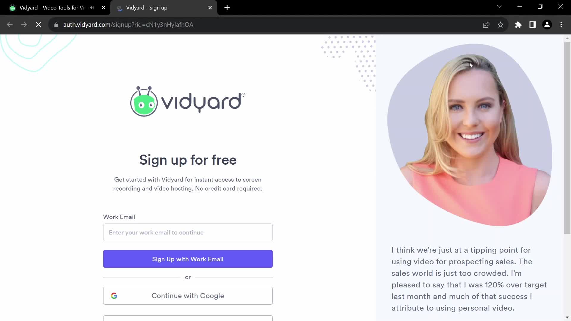 Screenshot of Sign up on Onboarding on Vidyard user flow