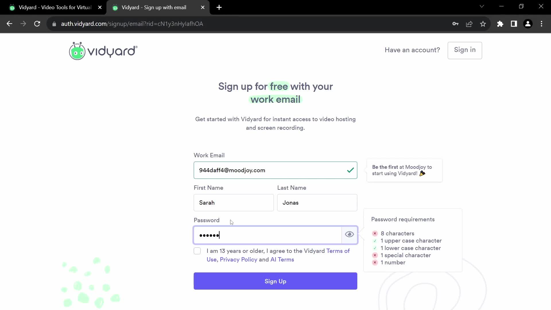 Vidyard sign up screenshot