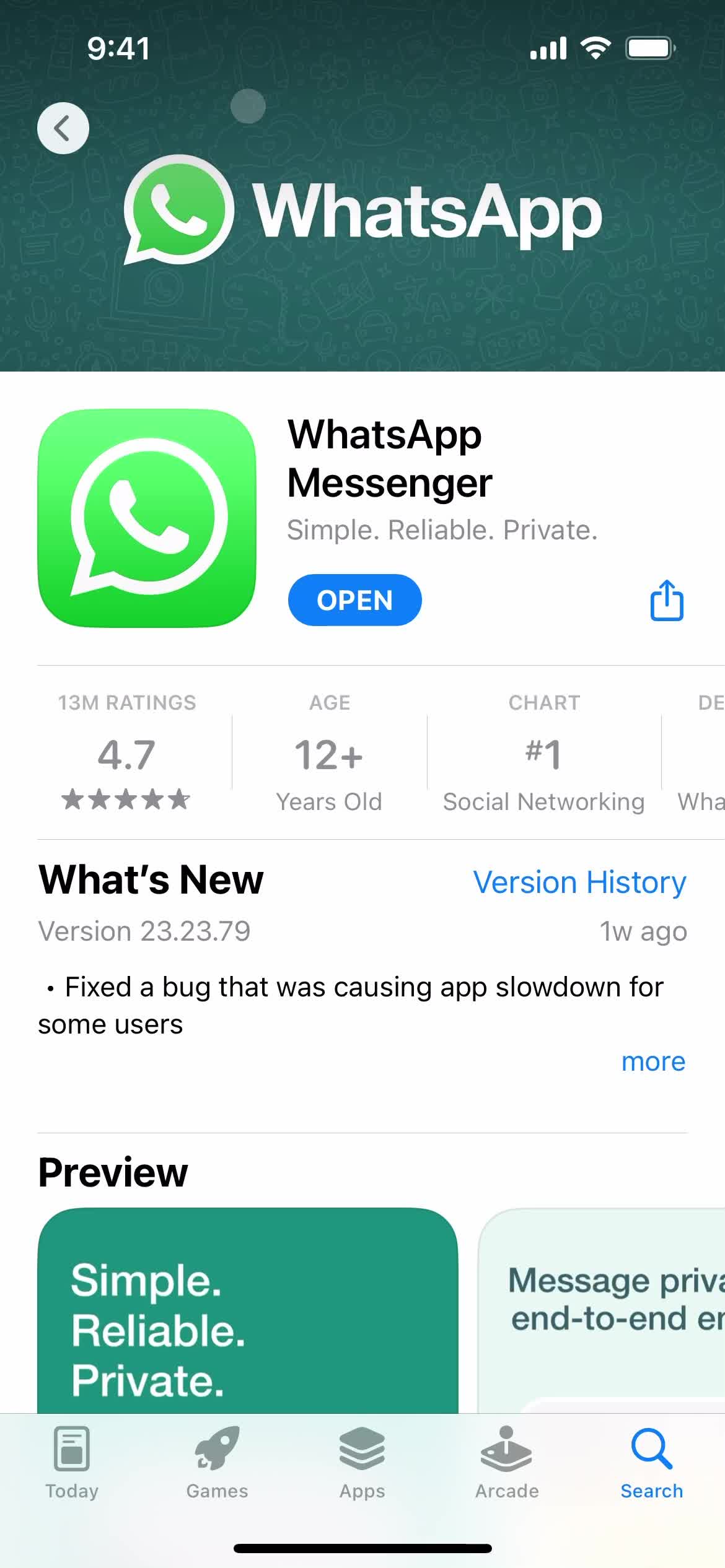 Screenshot of App store listing on Onboarding on WhatsApp user flow