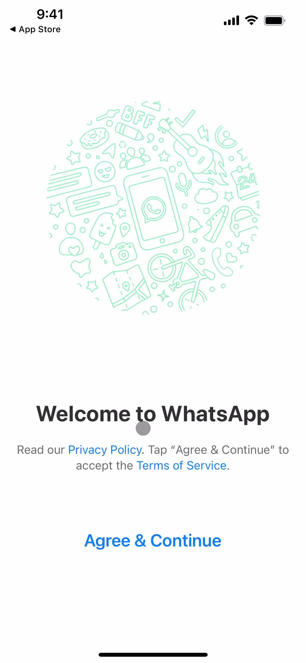 Screenshot of Agree and continue on Onboarding on WhatsApp user flow
