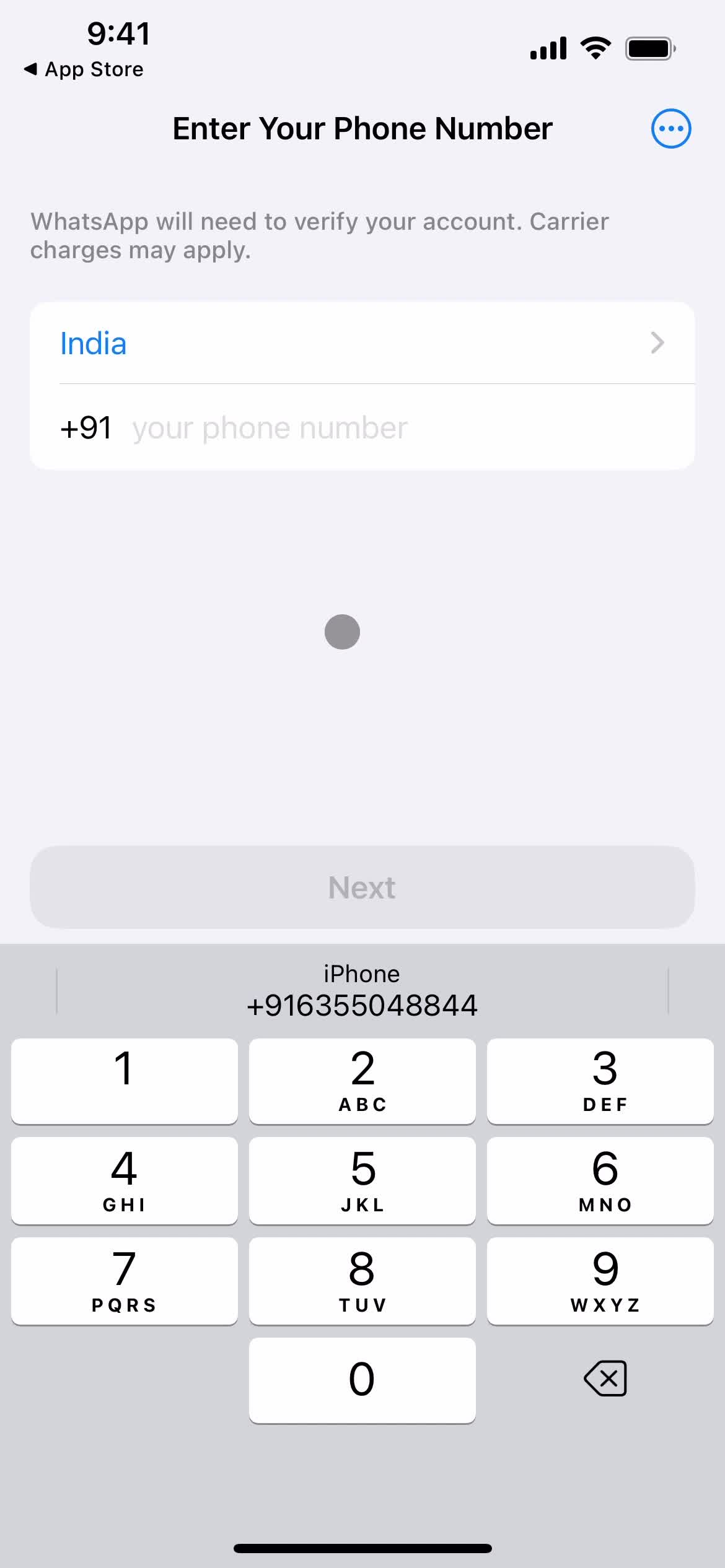 WhatsApp enter phone number screenshot