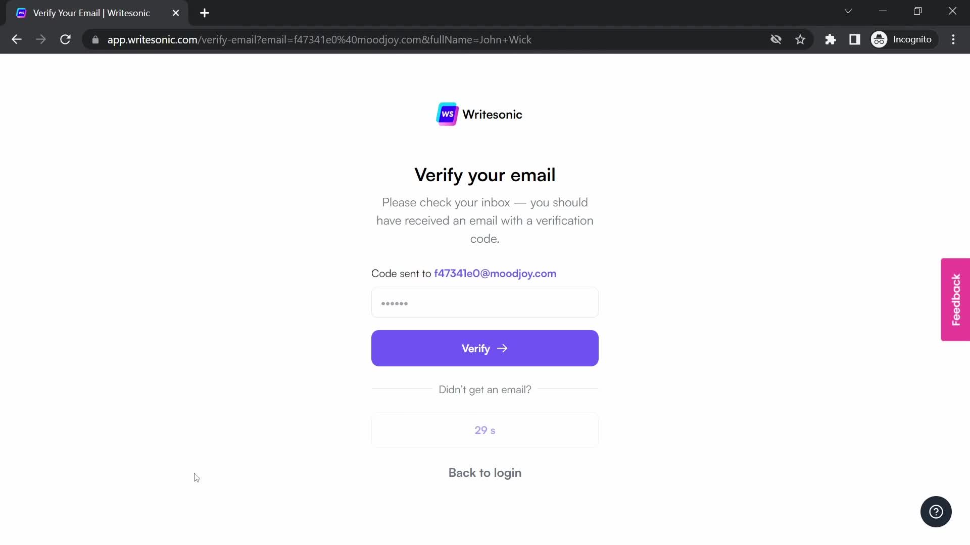 Screenshot of Verify email on Onboarding on Writesonic user flow