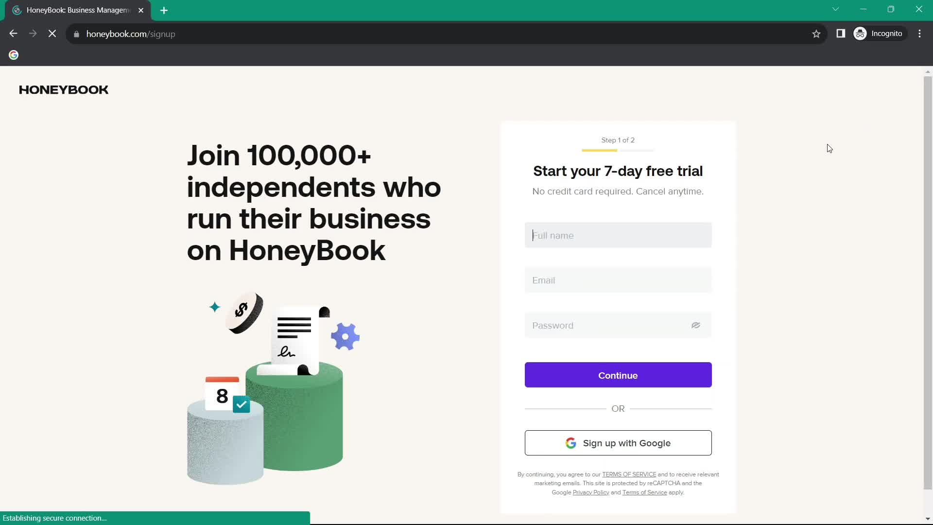Screenshot of Sign up on Onboarding on HoneyBook user flow