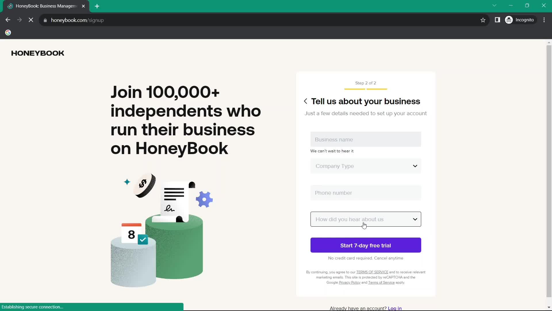 Screenshot of Tell us about your business on Onboarding on HoneyBook user flow