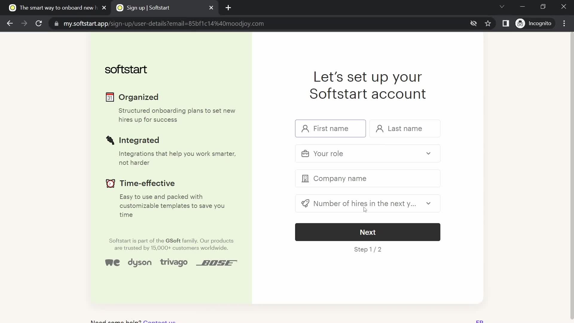 Screenshot of Create profile on Onboarding on Softstart user flow