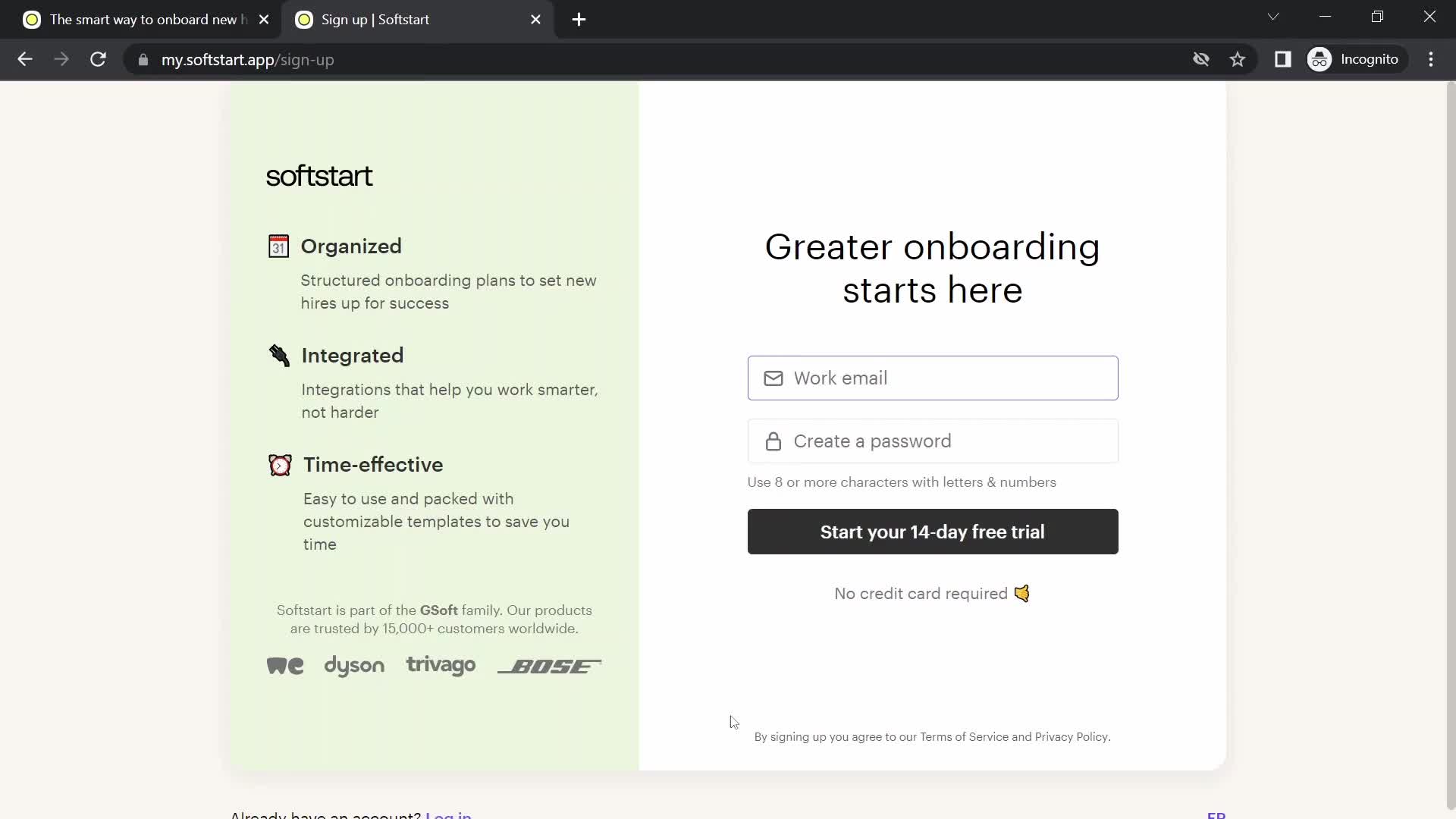 Screenshot of Sign up on Onboarding on Softstart user flow