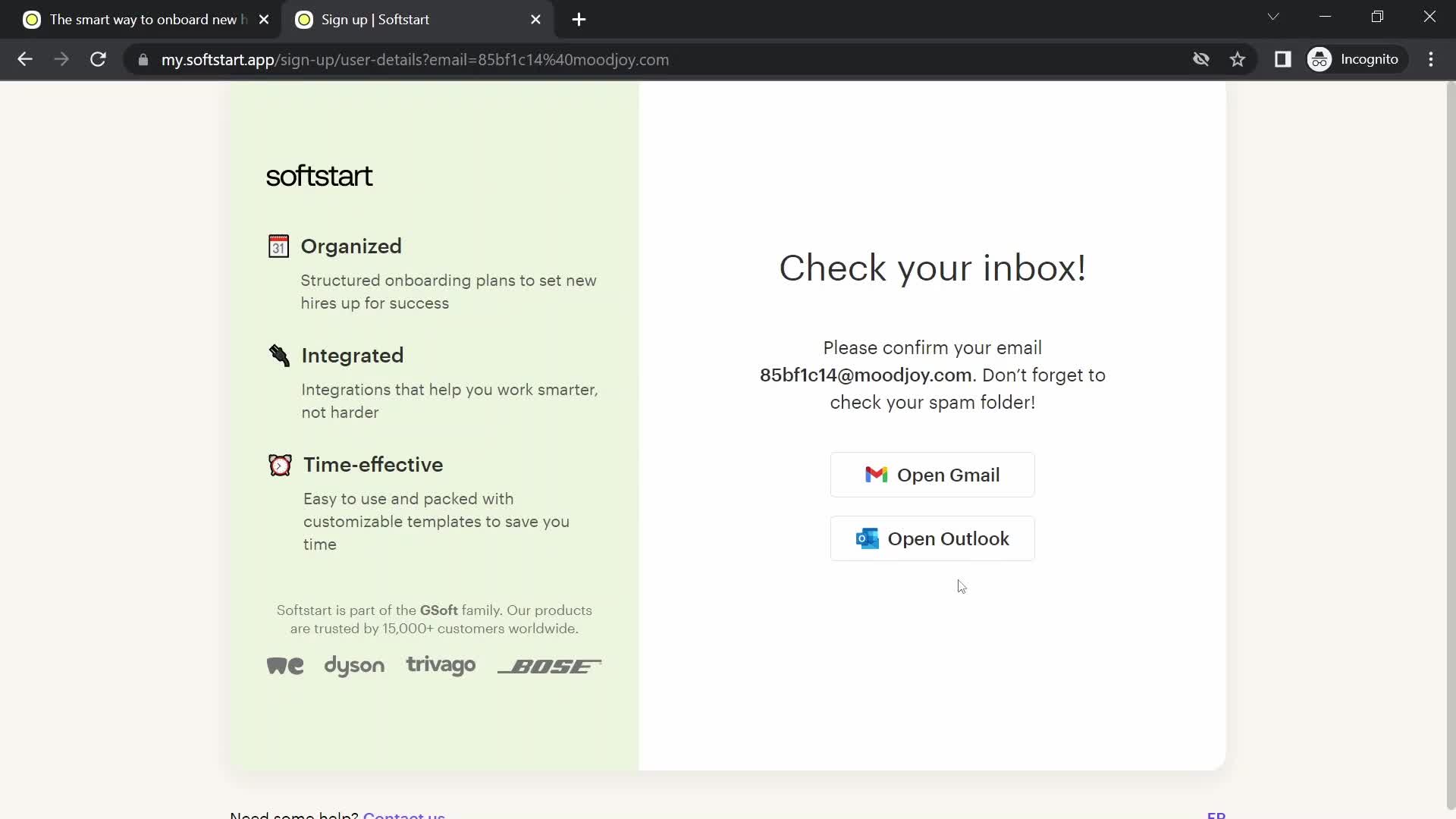 Softstart check your inbox screenshot
