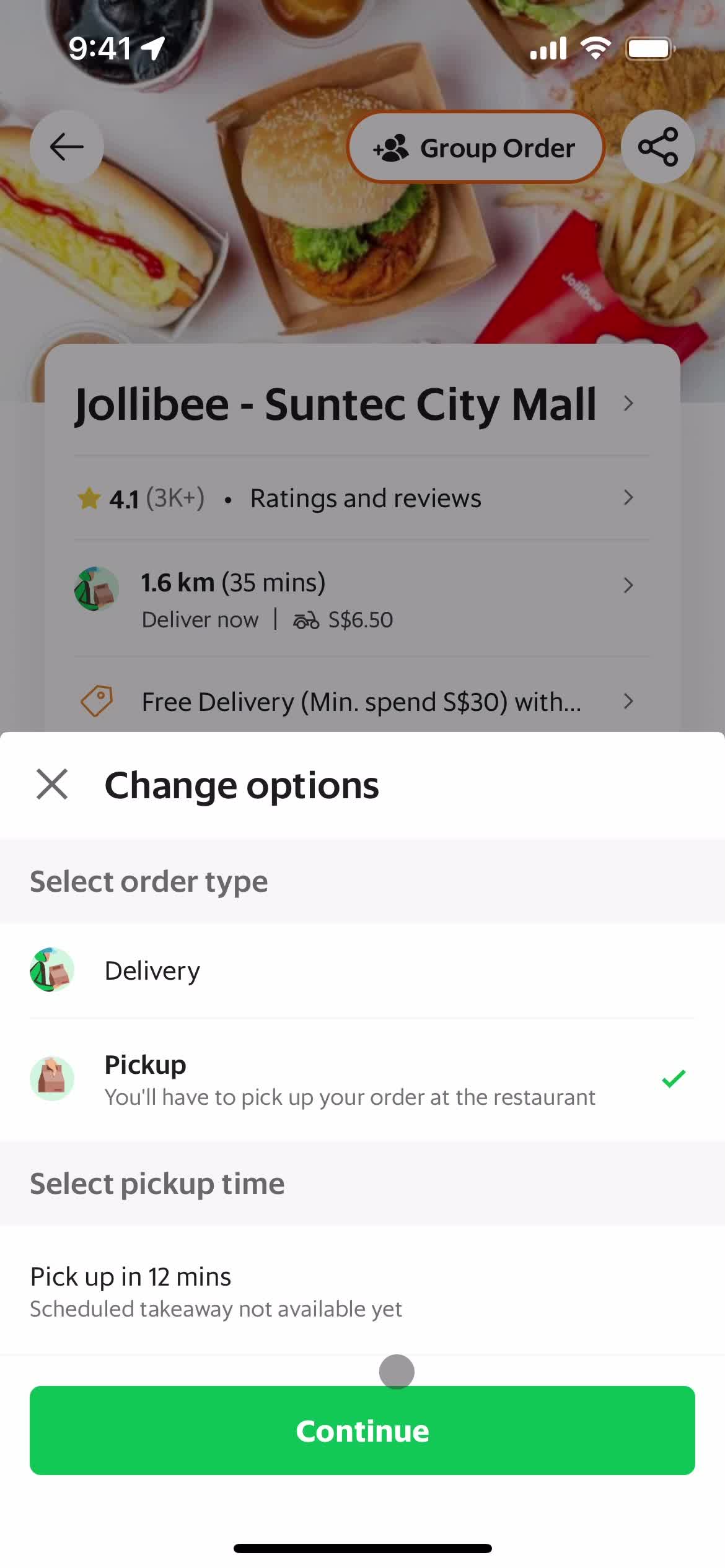 Ordering food screenshot