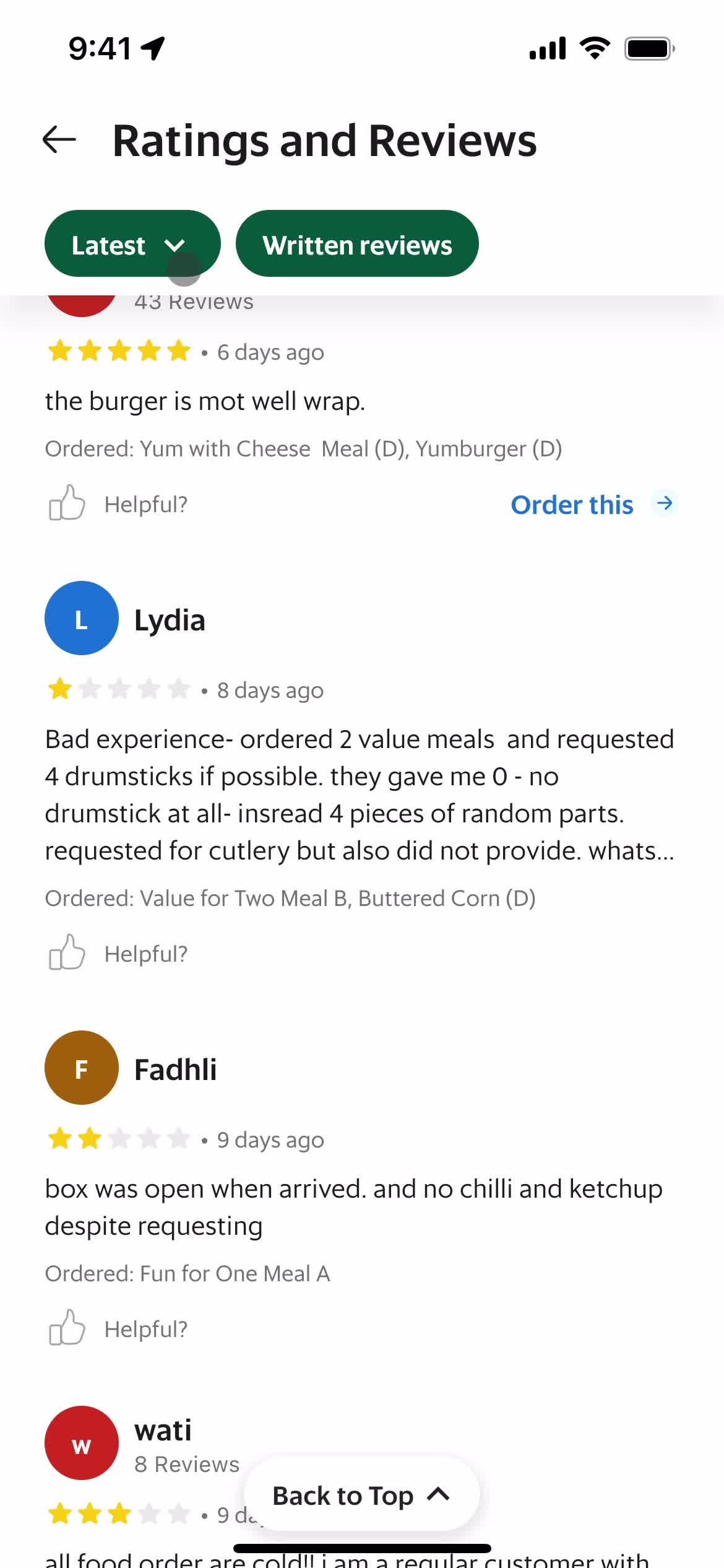 Ordering food screenshot