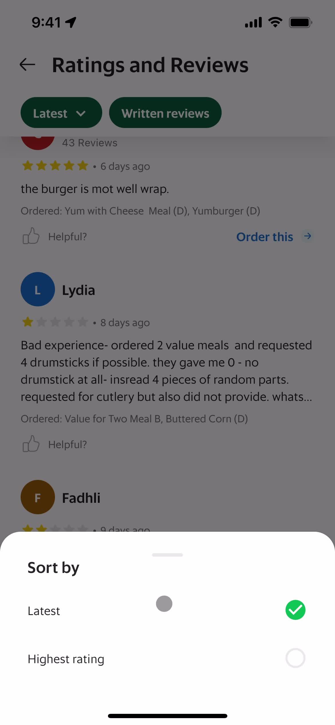 Ordering food screenshot