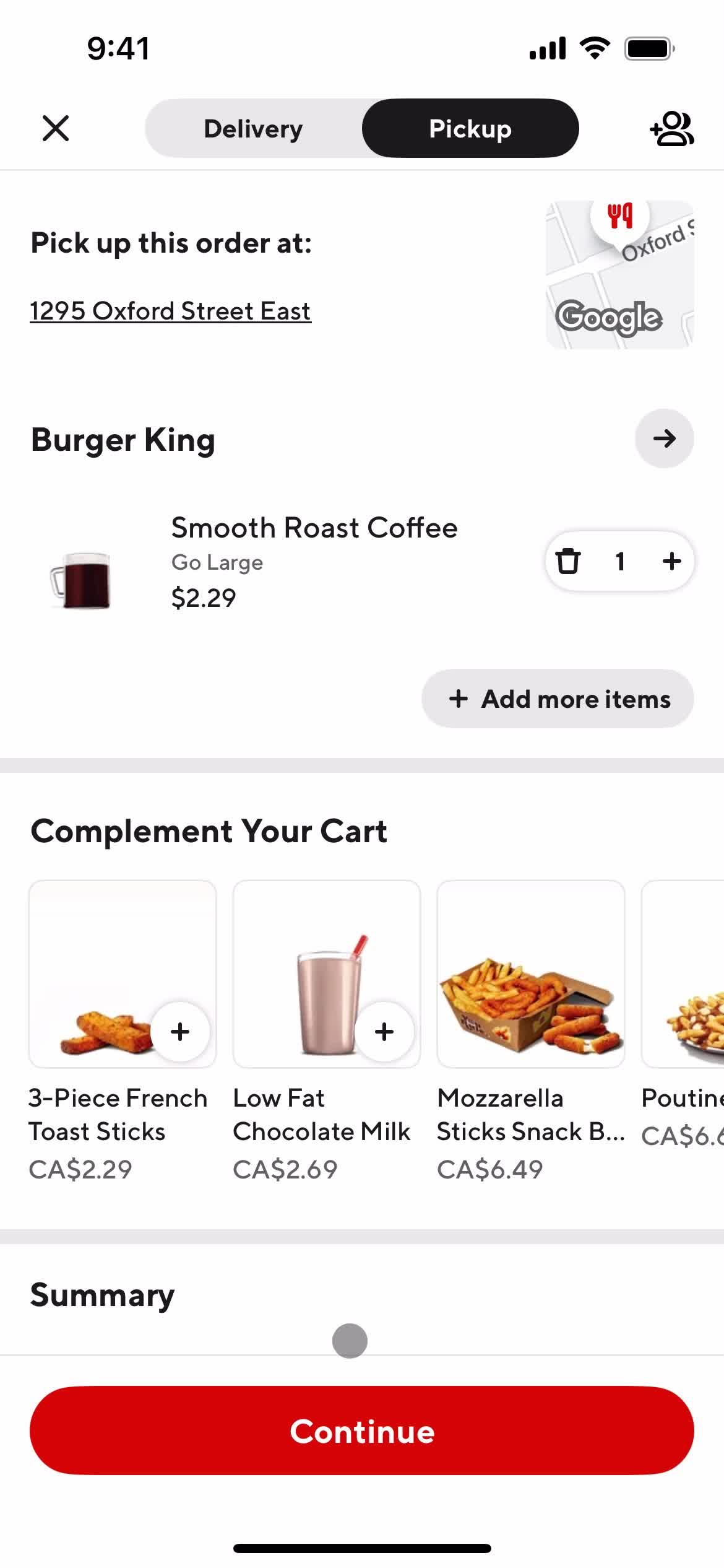 Ordering food screenshot