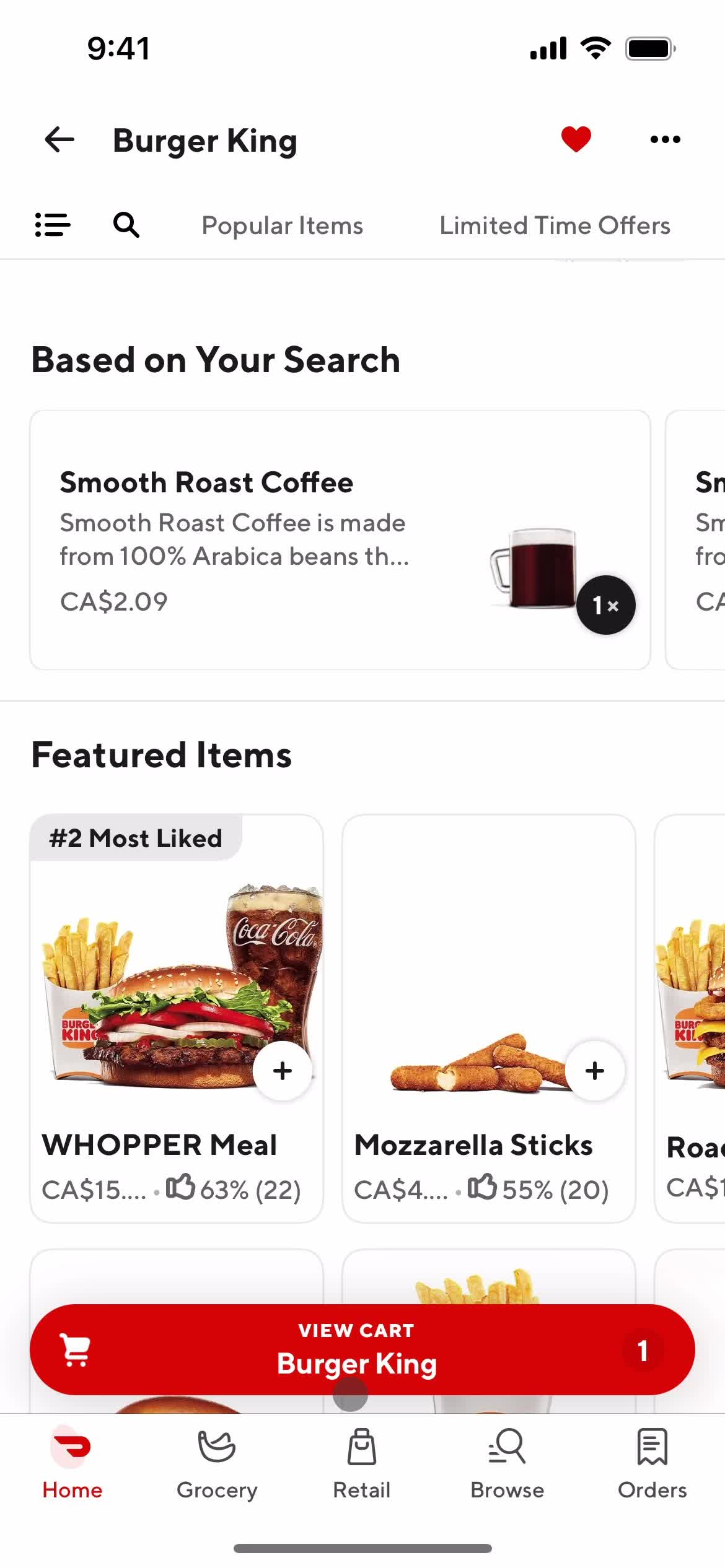 Ordering food screenshot