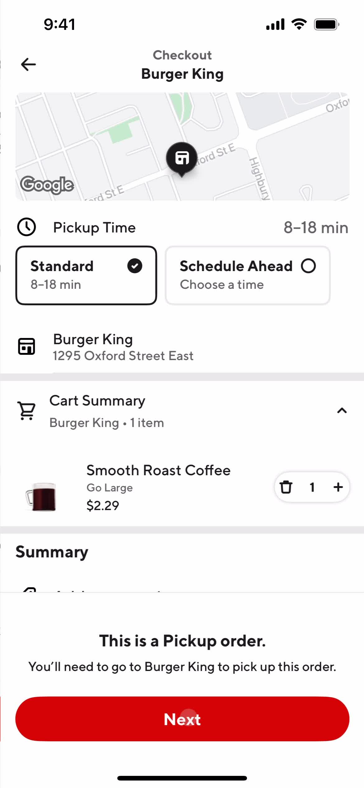 Ordering food screenshot