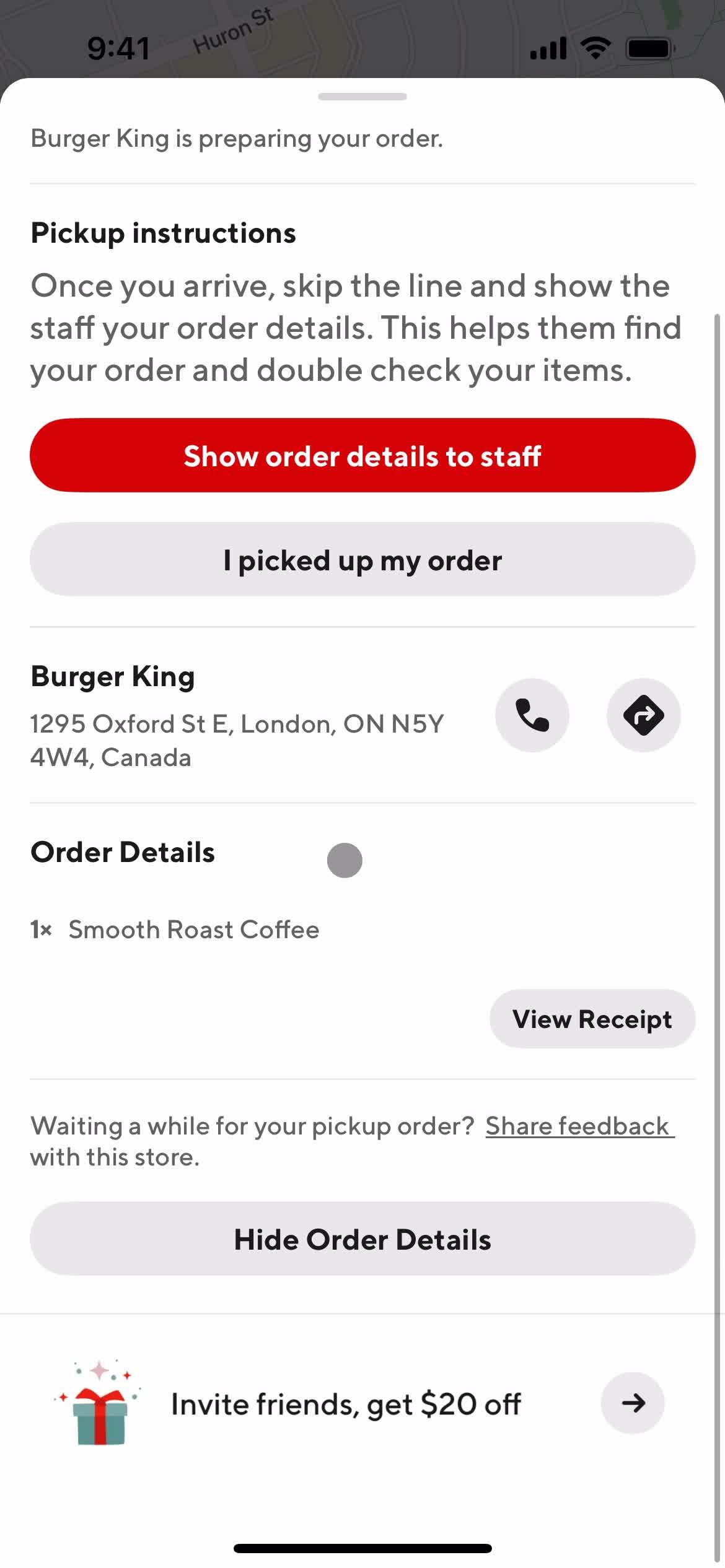 Ordering food screenshot