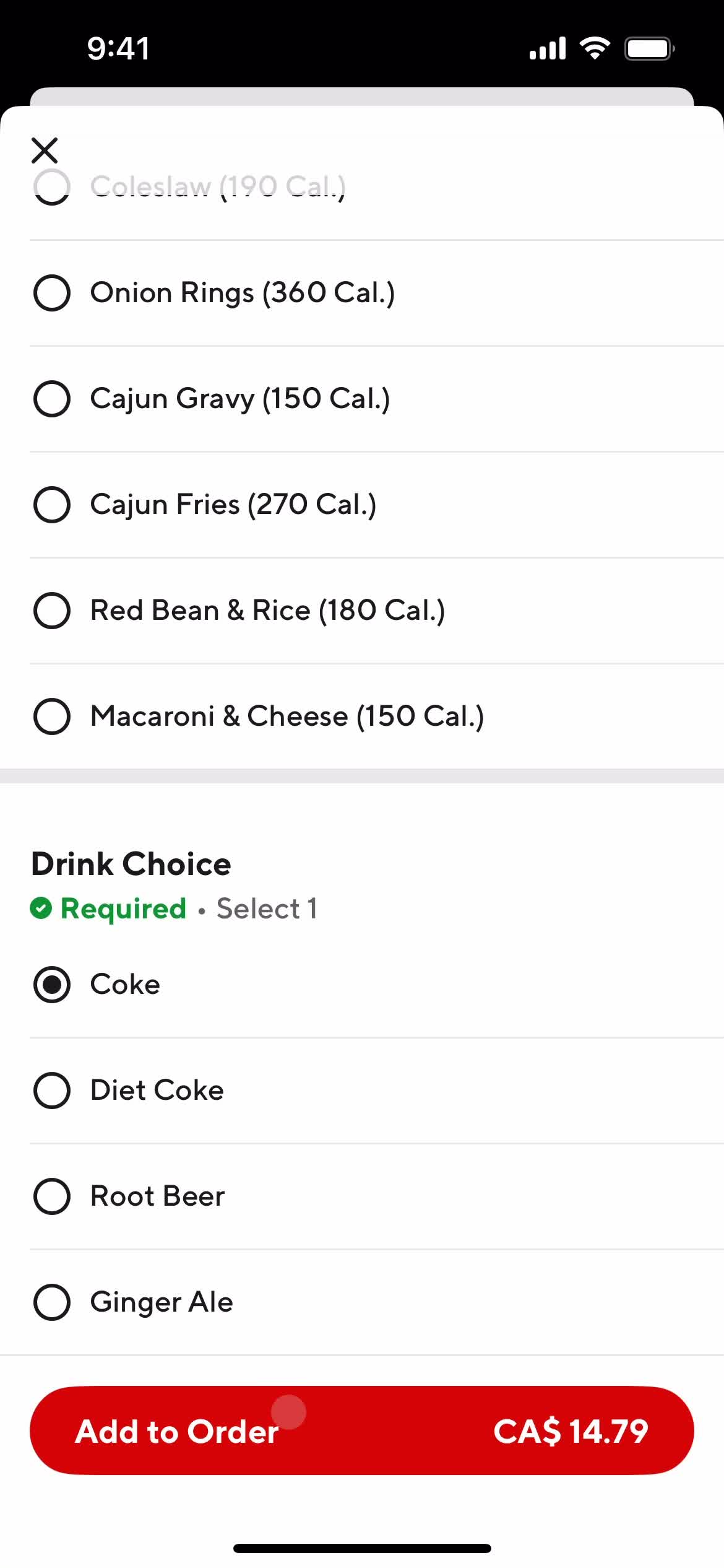 Ordering food screenshot