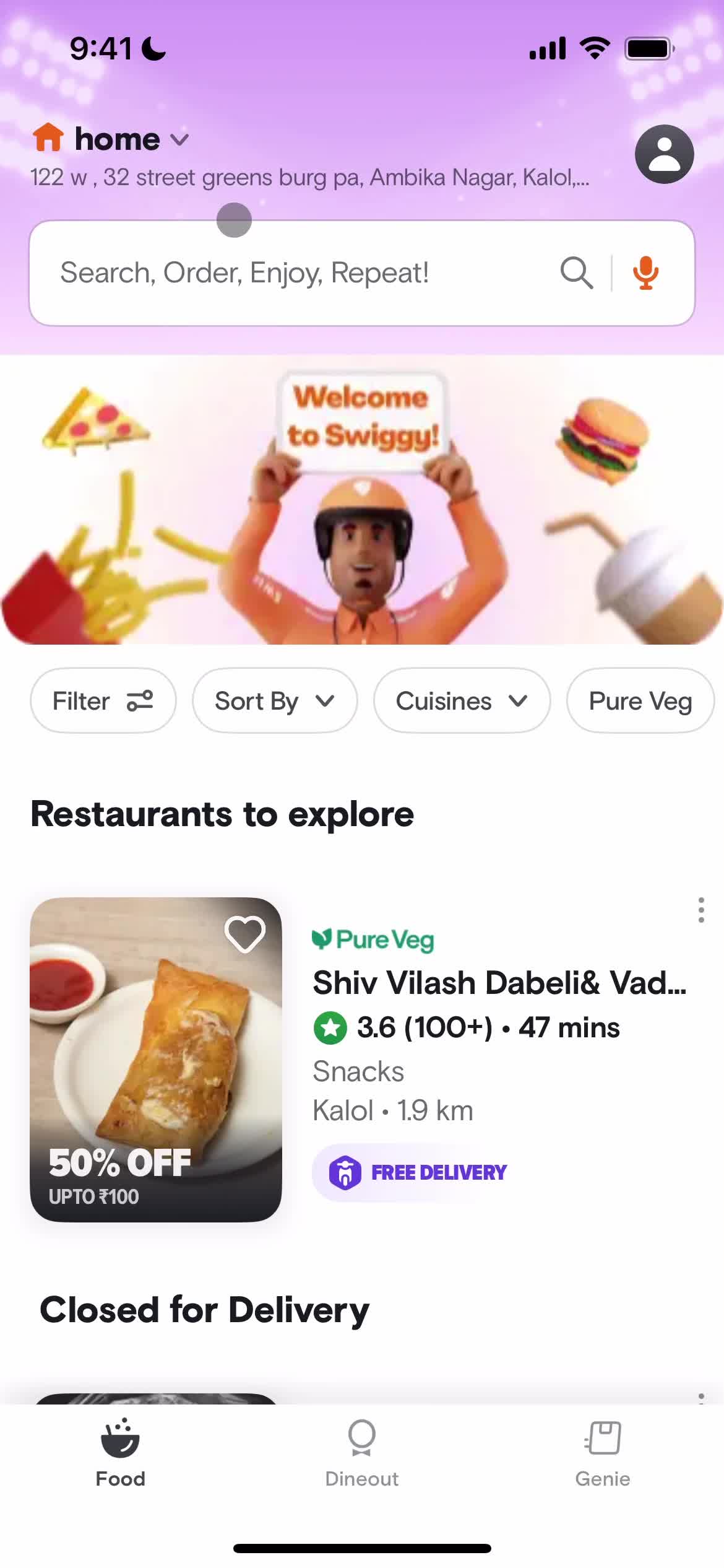 Screenshot of Home on Ordering food on Swiggy user flow