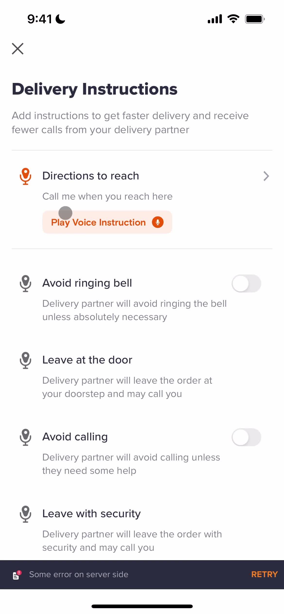 Ordering food screenshot