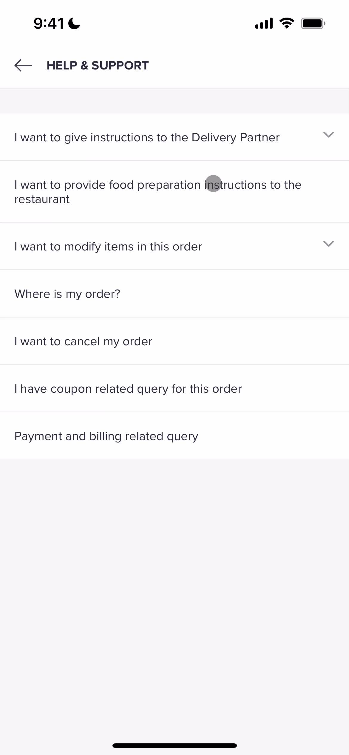 Ordering food screenshot