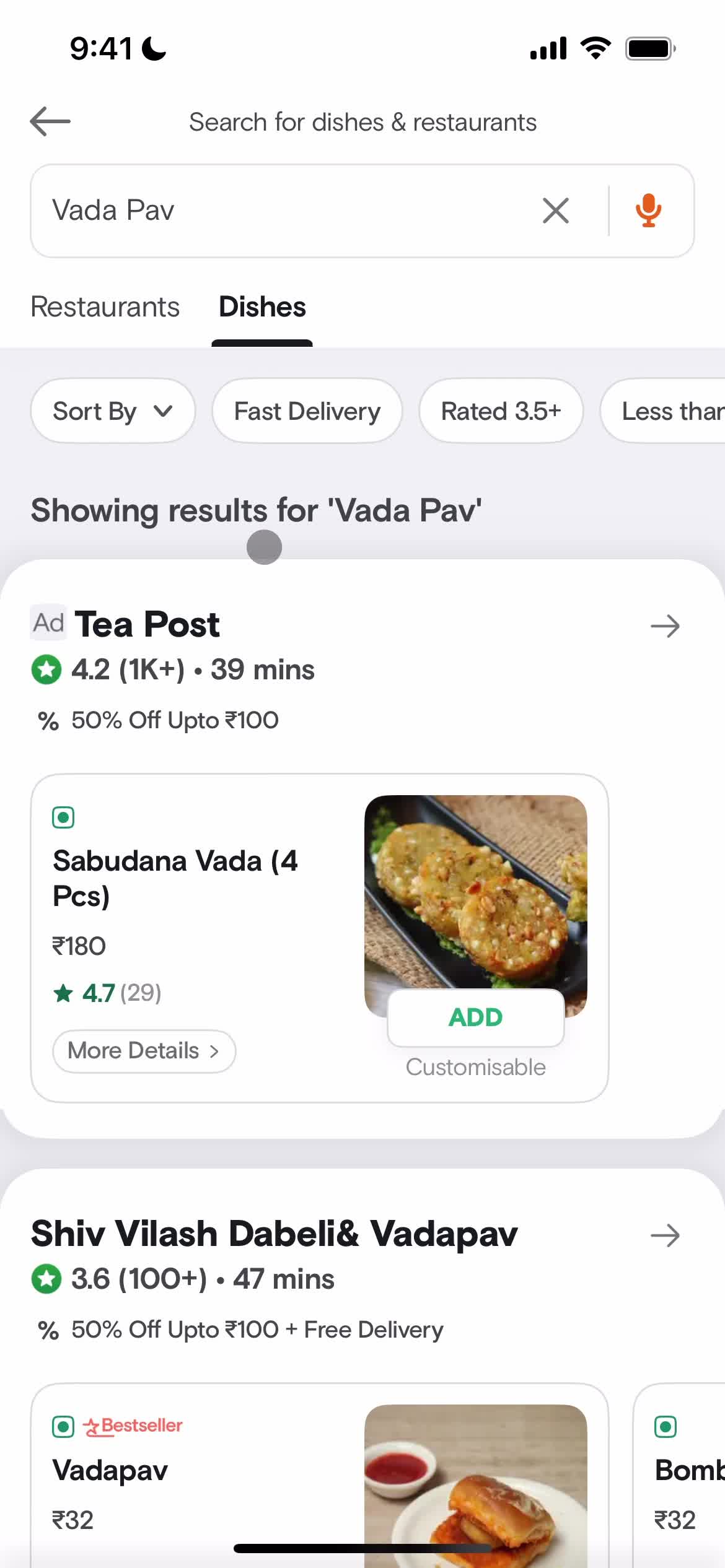 Screenshot of Search results on Ordering food on Swiggy user flow