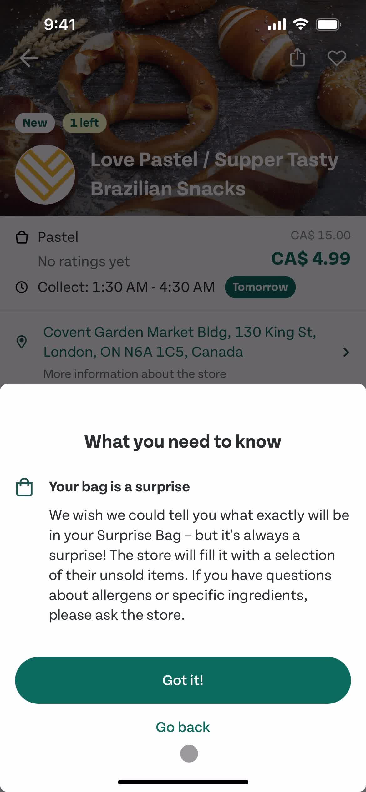 Ordering food screenshot