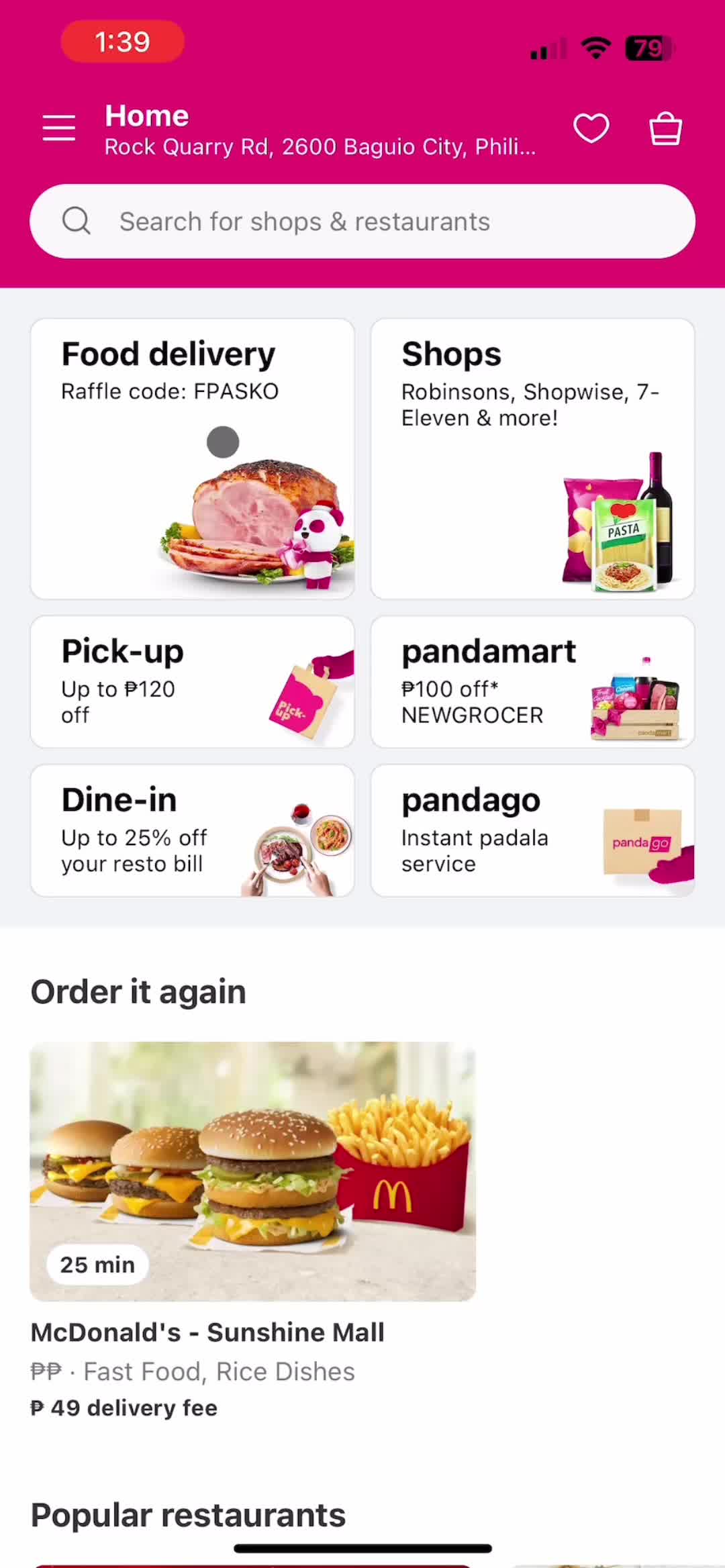 Screenshot of Home on Ordering food on foodpanda user flow