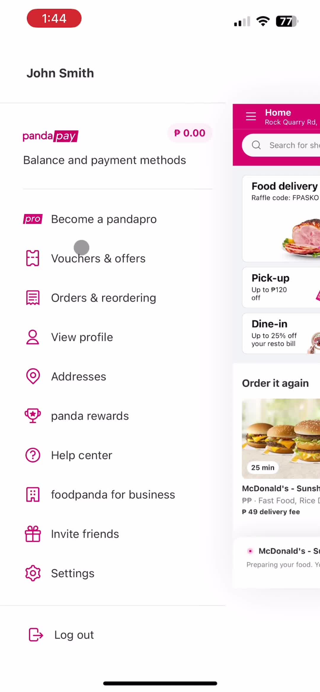 Ordering food screenshot