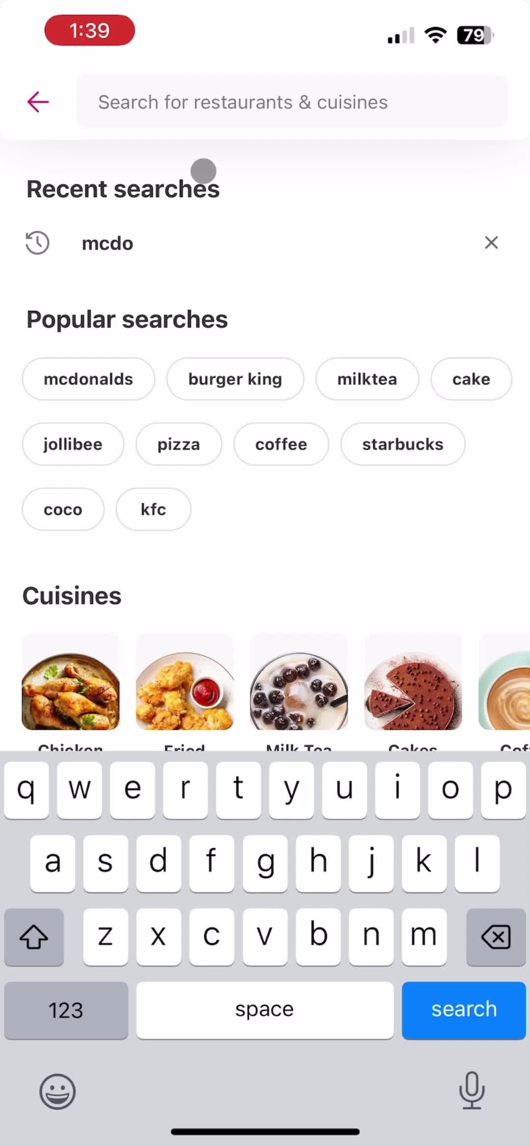 Screenshot of Search on Ordering food on foodpanda user flow