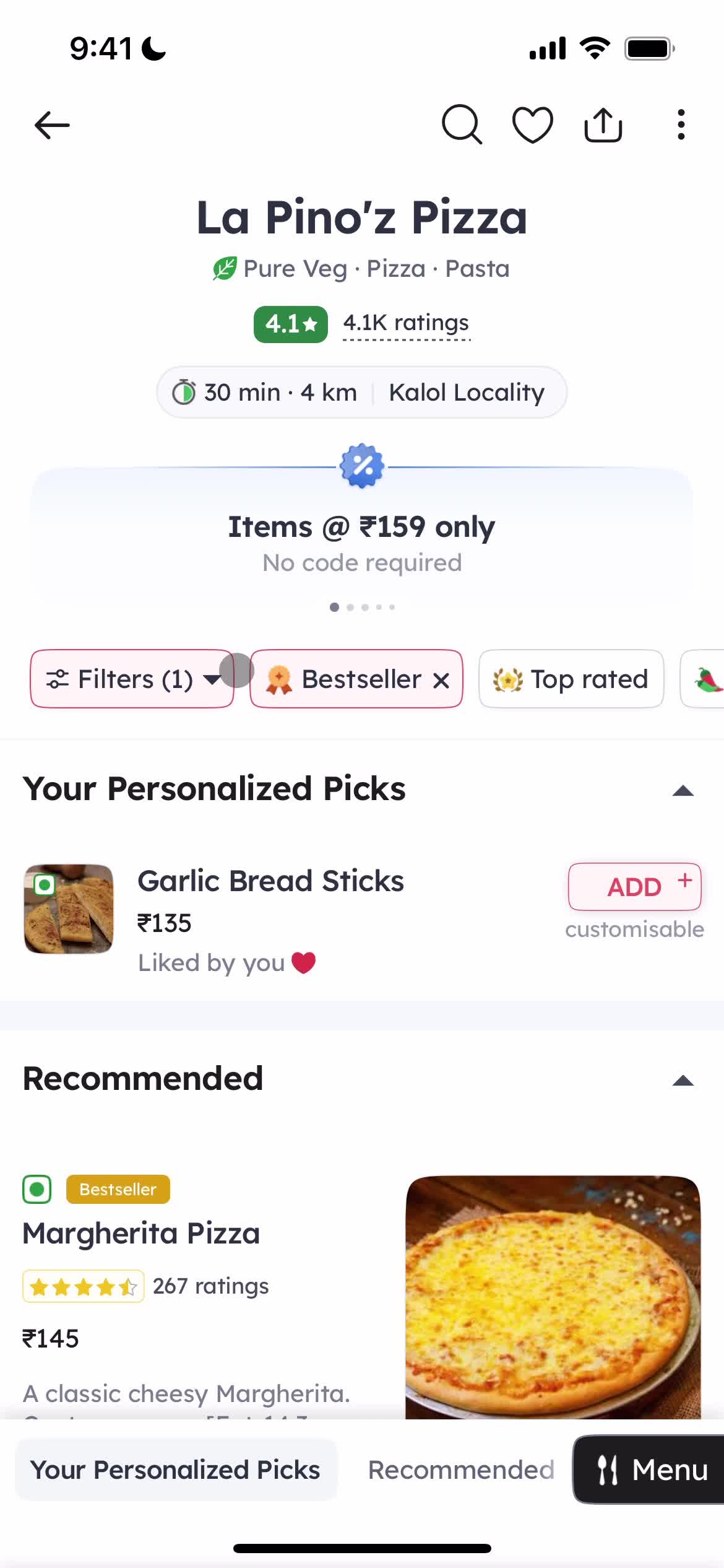 Ordering food screenshot