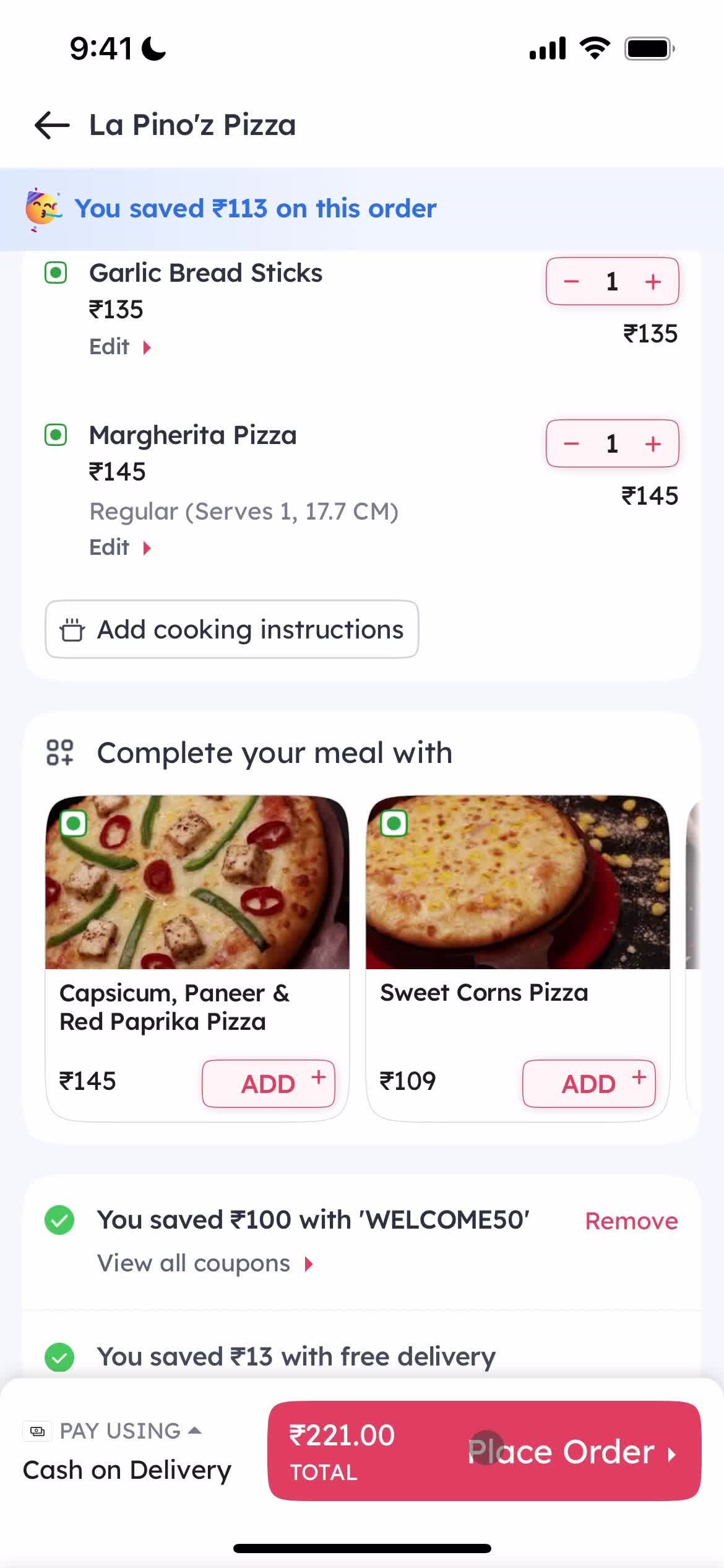 Ordering food screenshot