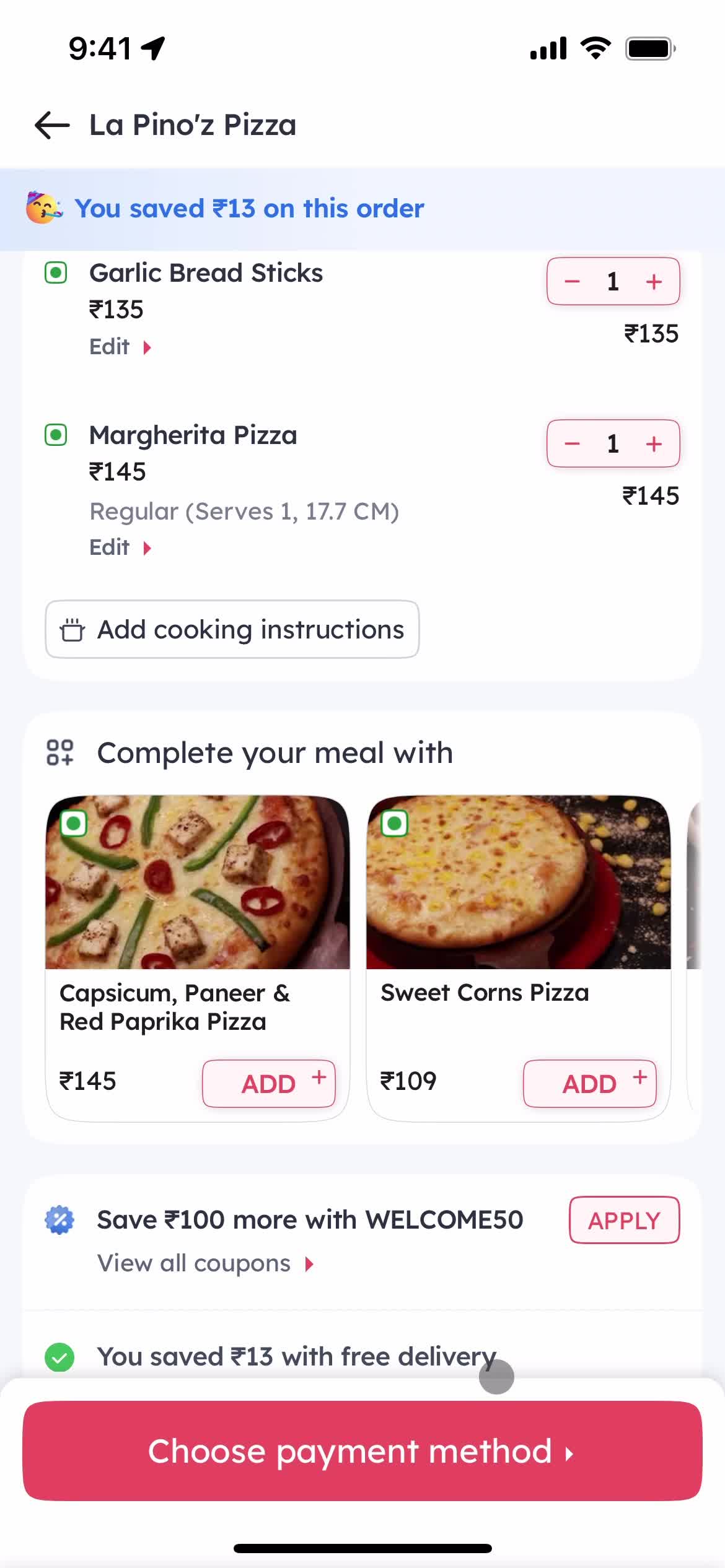 Ordering food screenshot